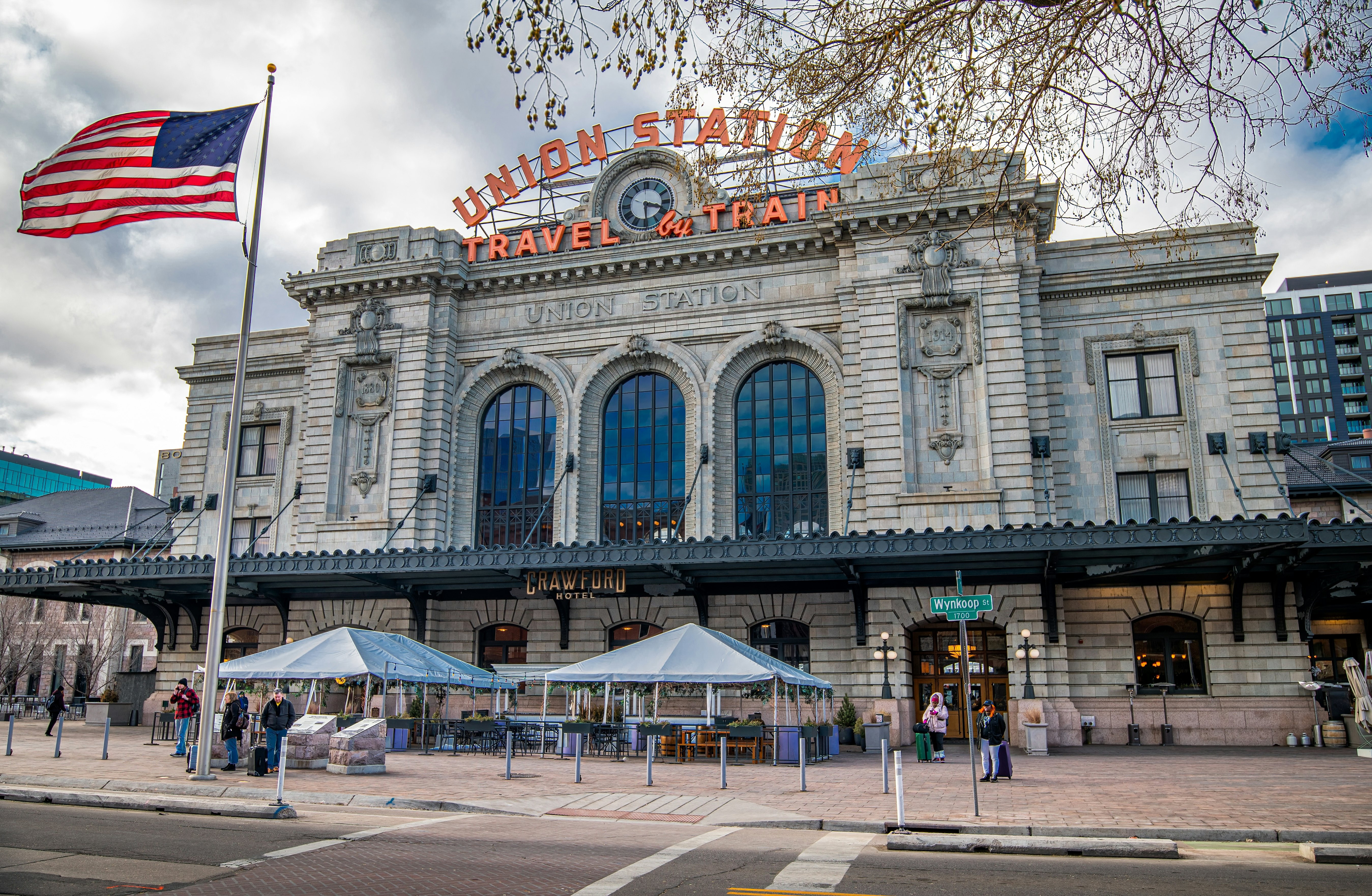 Entrance to Union Station in downtown Denver on an overcast day