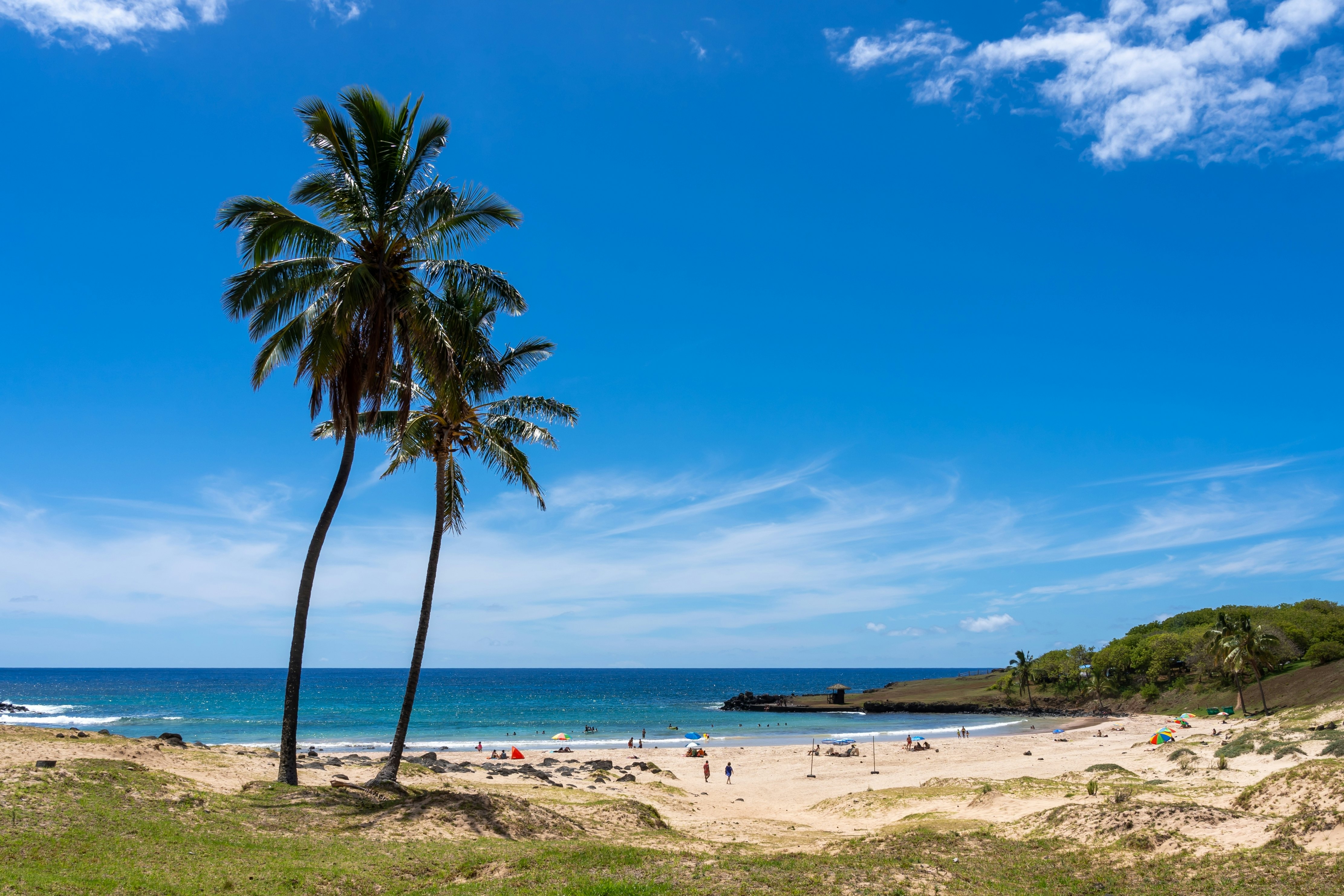 View of the white sands of Anakena Beach on Rapa Nui (Easter Island), Chile.