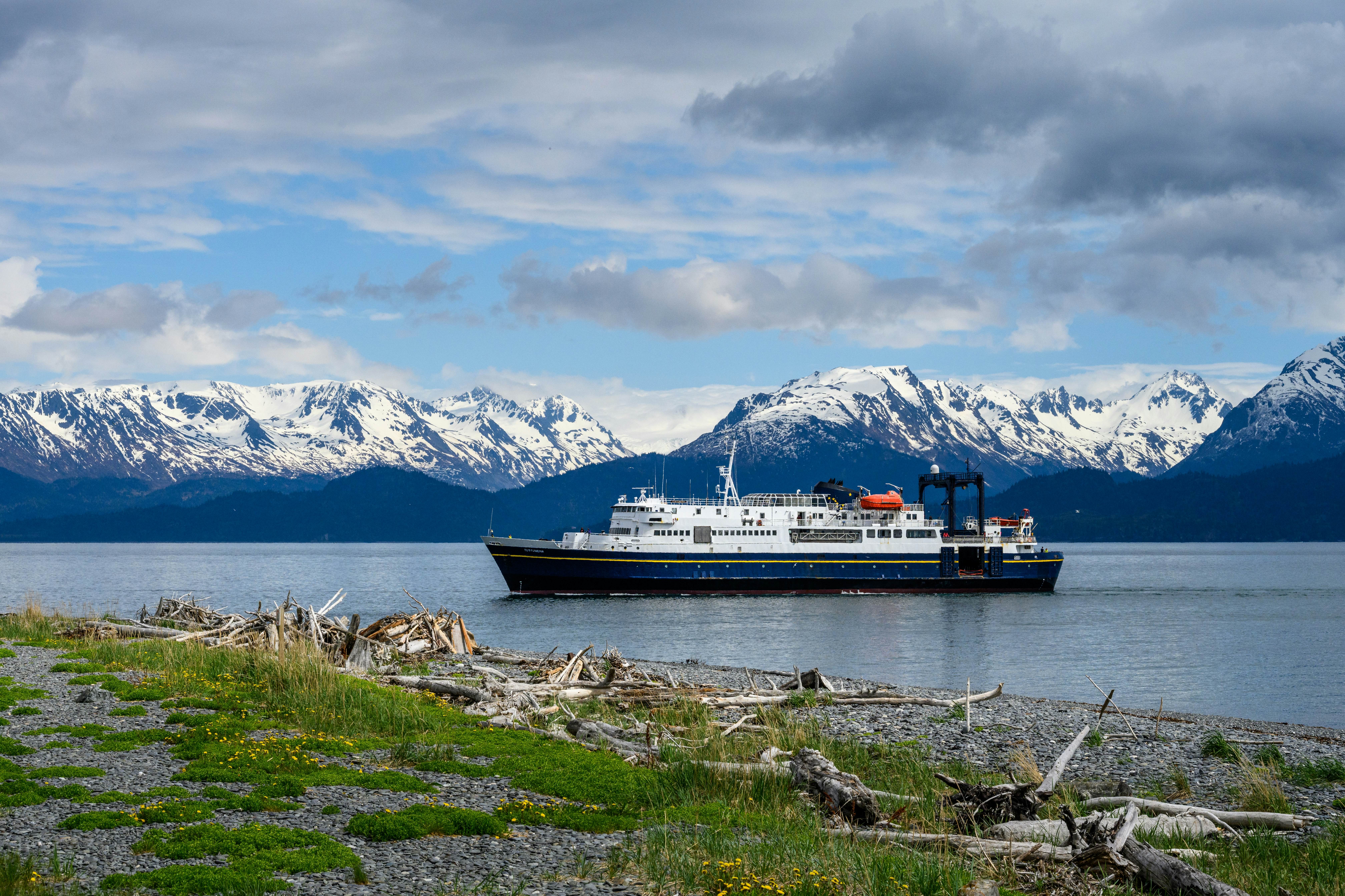 HOMER, AK, USA â€“ MAY 30, 2023: Katchemak Bay, MV Tustumena passenger ferry, part of the Alaska Marine Highway System   License Type: media  Download Time: 2024-02-14T02:17:52.000Z  User: FergalCo  Is Editorial: Yes  purchase_order:   