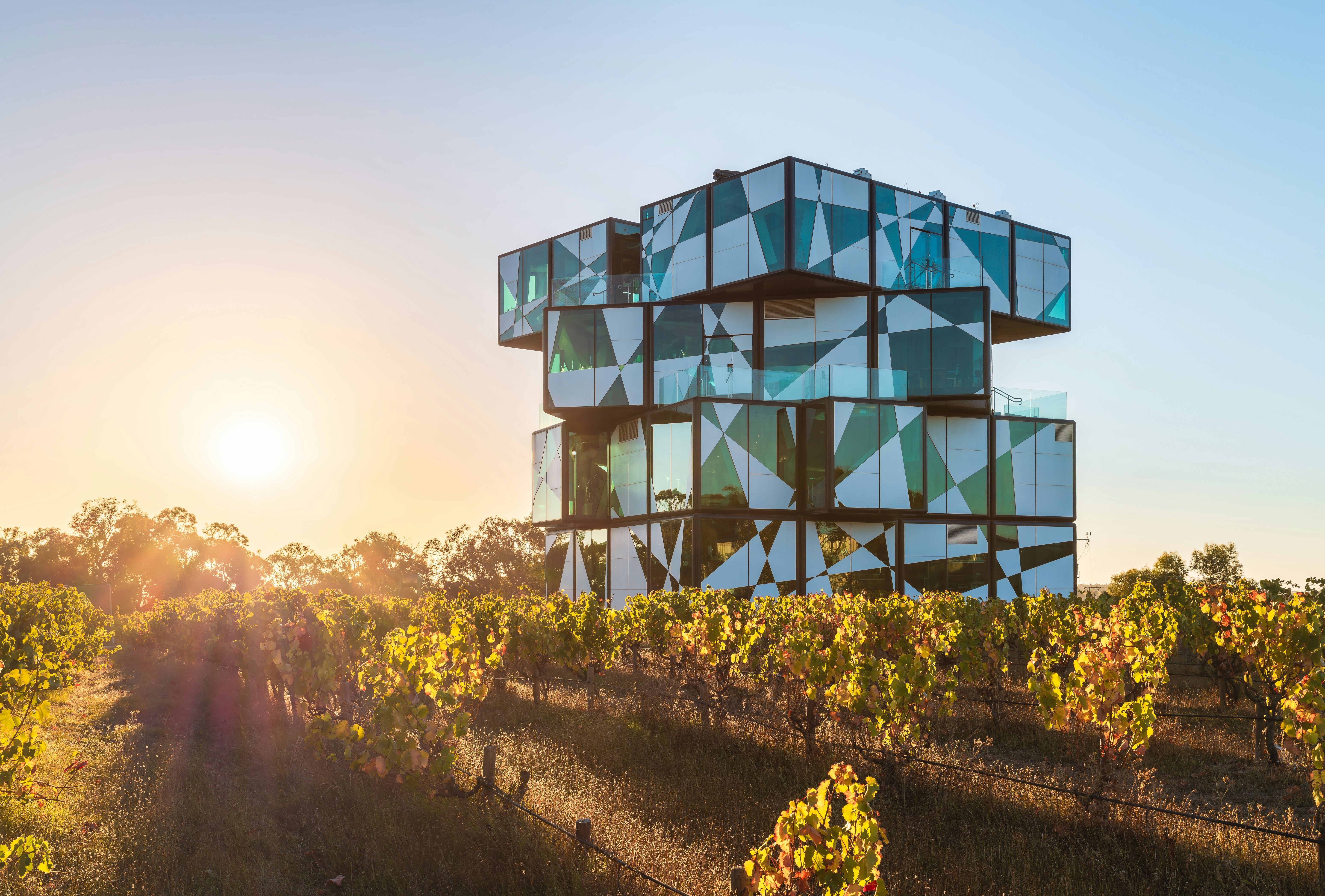 McLaren Vale, South Australia - April 4, 2021: The d'Arenberg Cube building in vineyards at sunset.