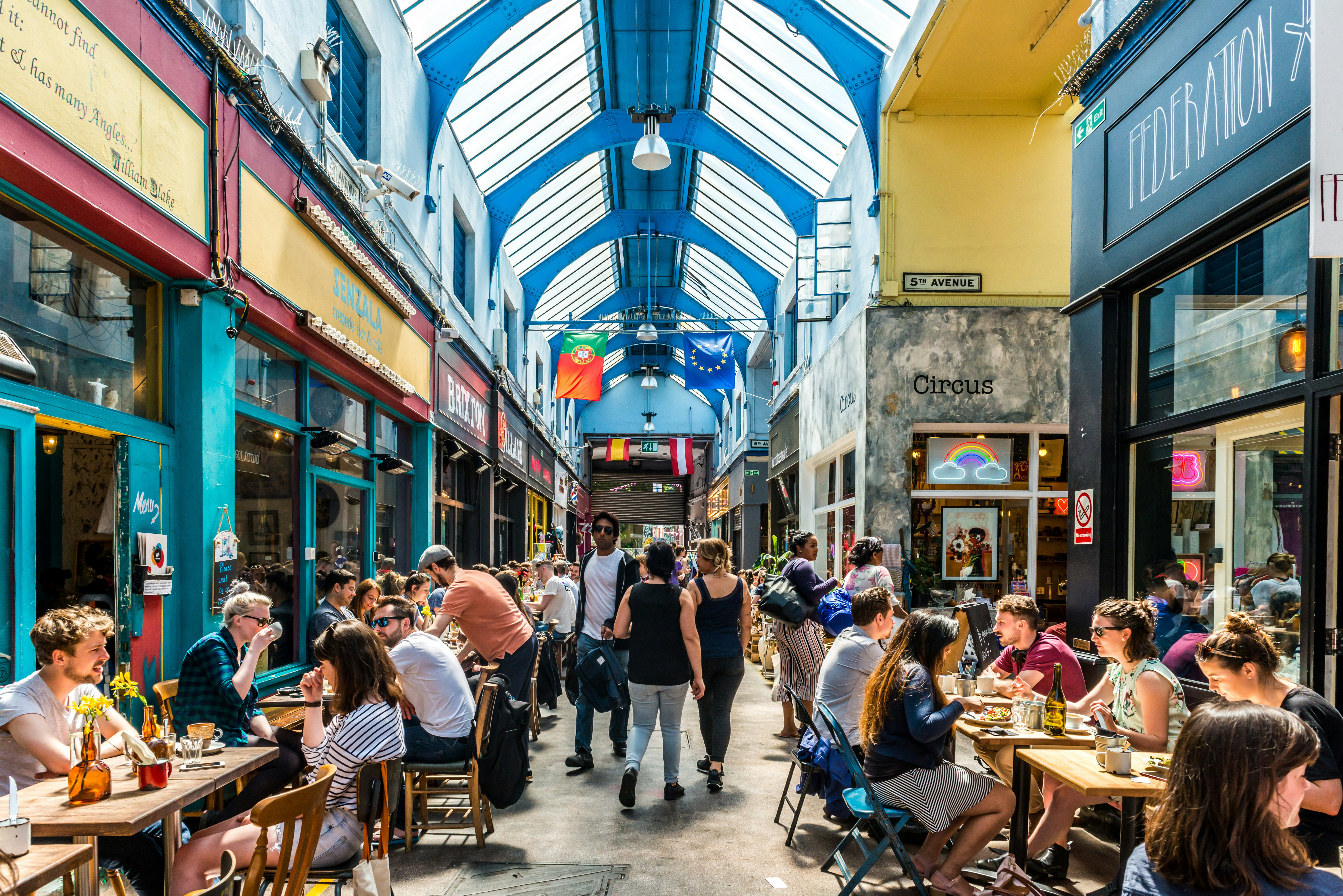 Brixton Village and Brixton Station Road Market. Colorful and multicultural community market run by local traders in South London.