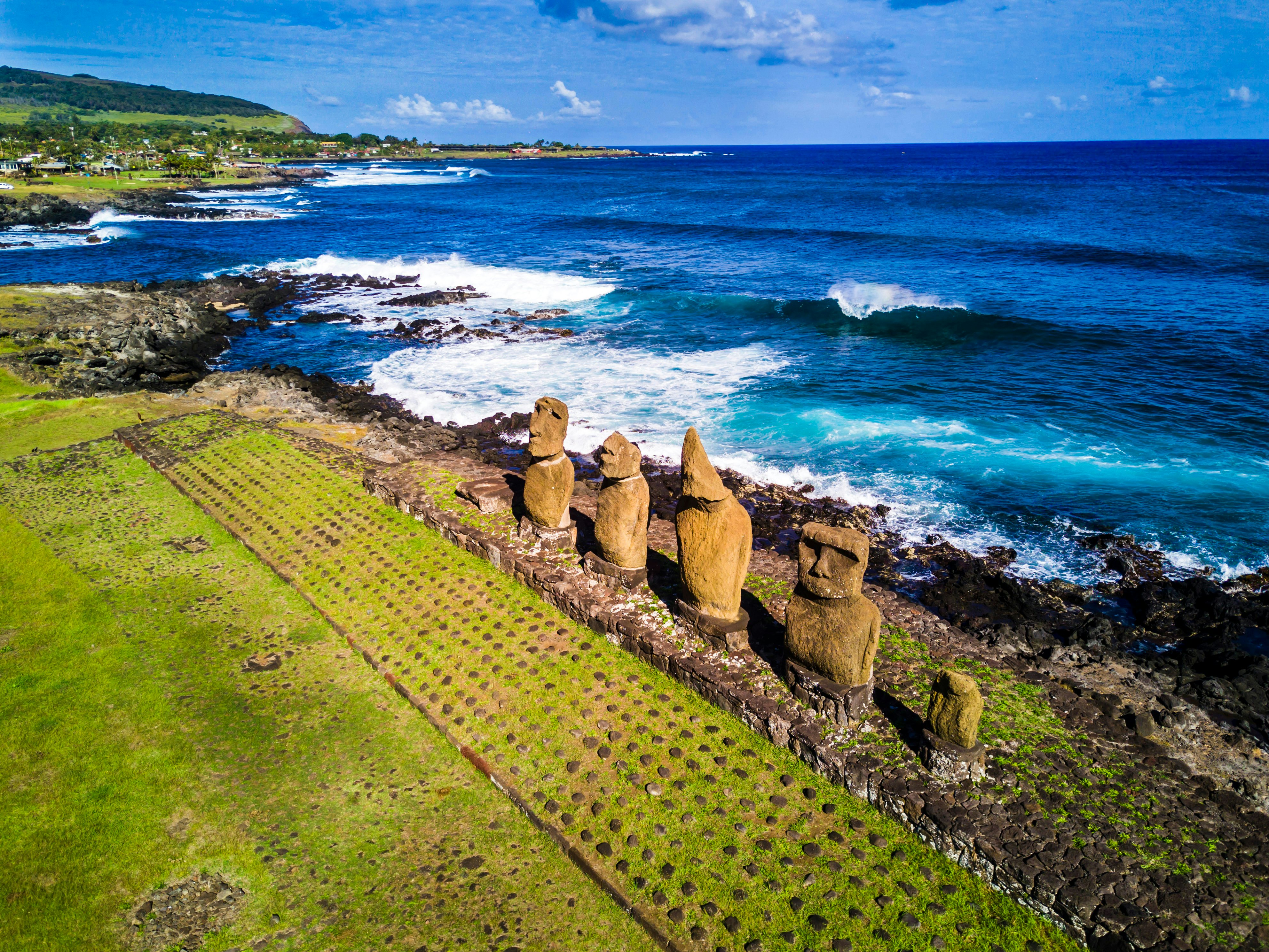A view over the moai statues at Ahu Vai Uri in Rapa Nui (Easter Island).