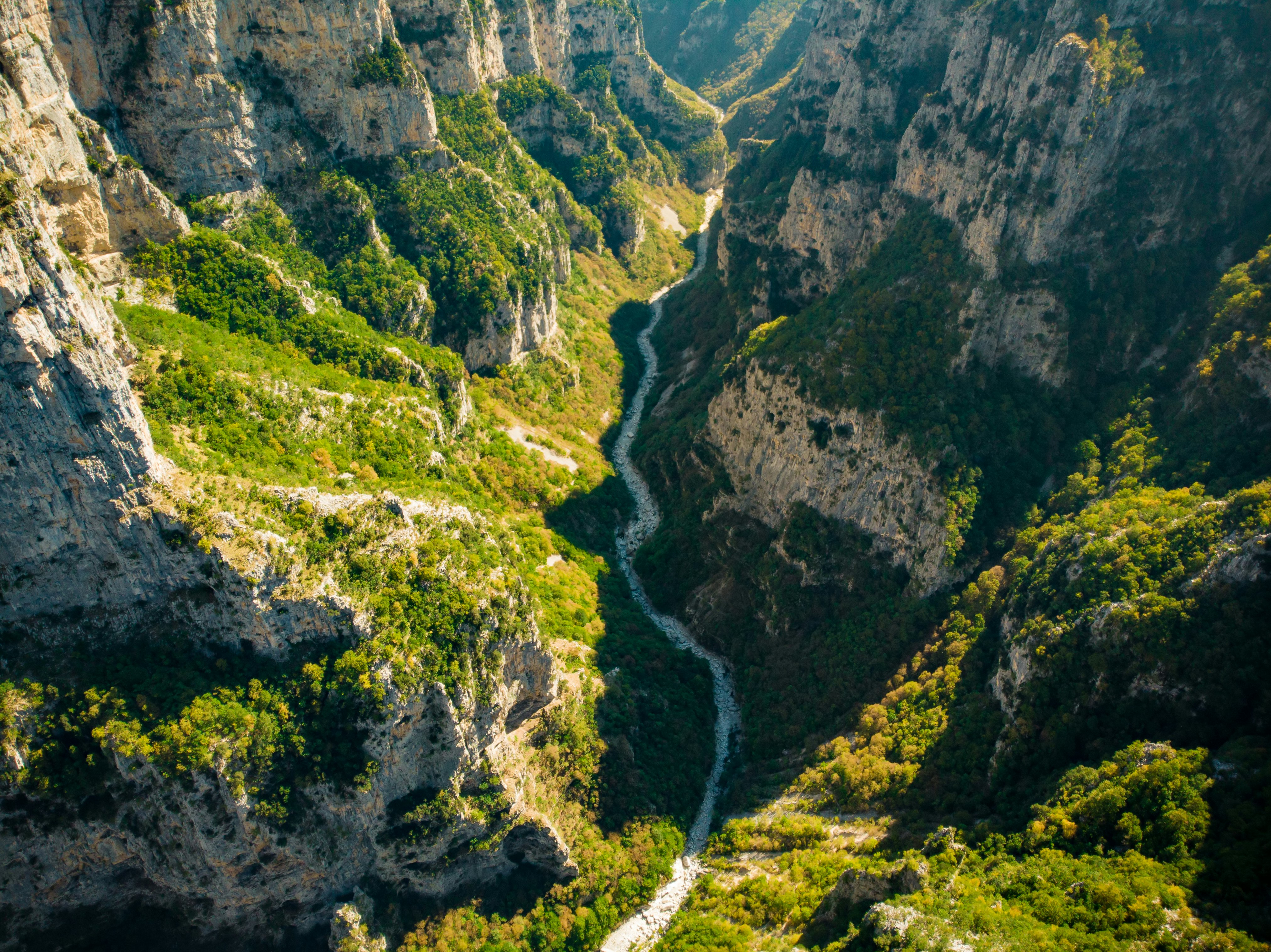 Aerial view of Vikos Gorge, a gorge in the Pindos Mountains of northern Greece.