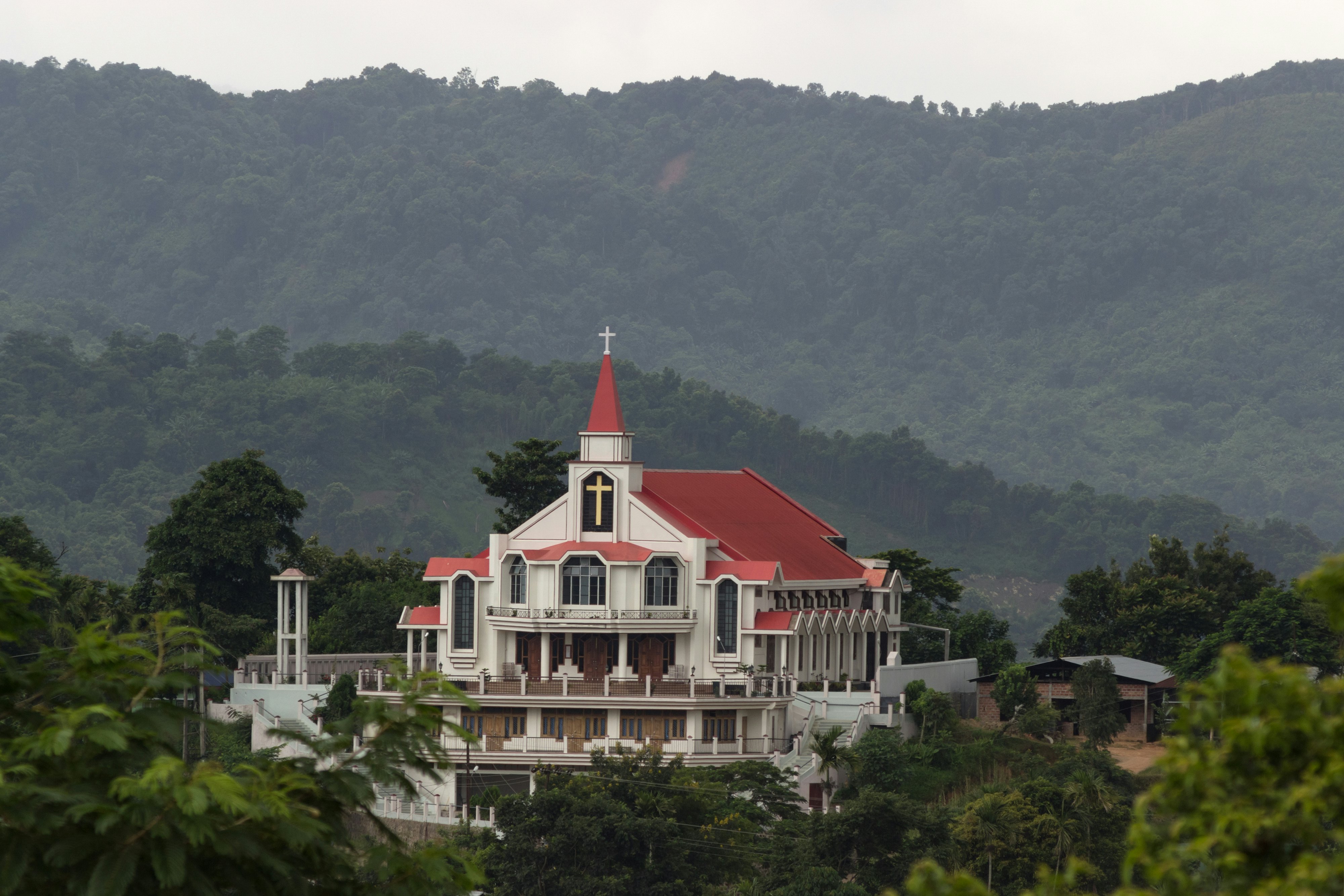 A hilltop church in the forested hills around Haflong in Assam, India.