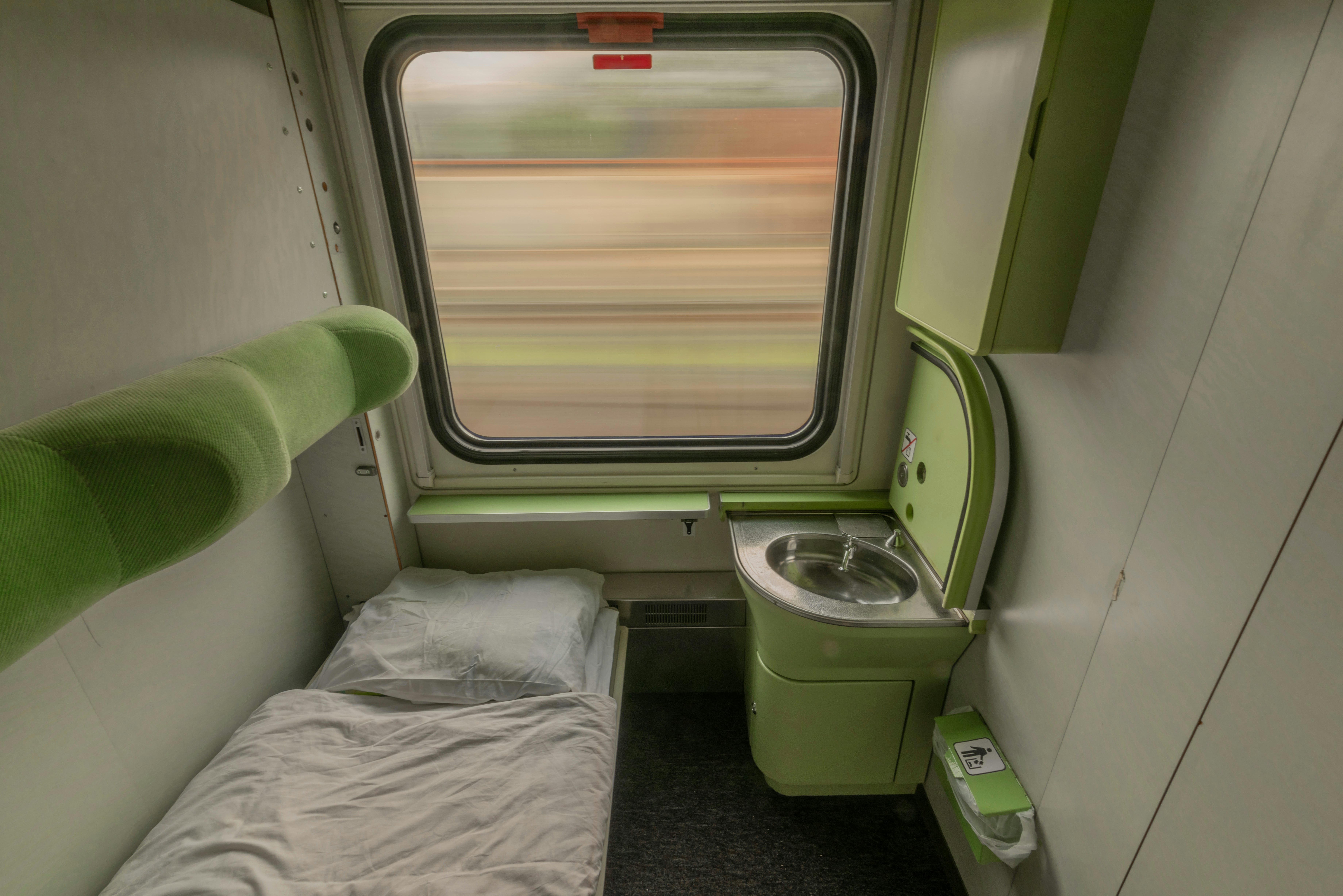 A single compartment with a wash basin on a night train to Prague, Czechia.