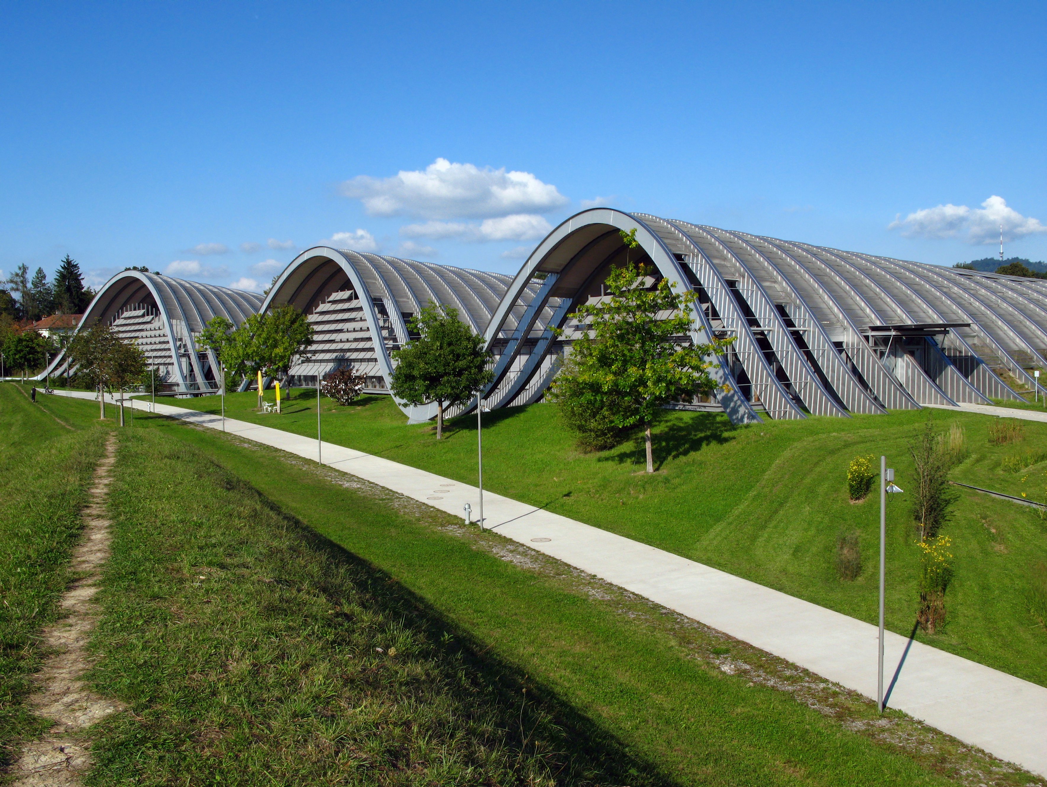 The striking wave-like architecture of the Paul Klee Zentrum near Bern, Switzerland.