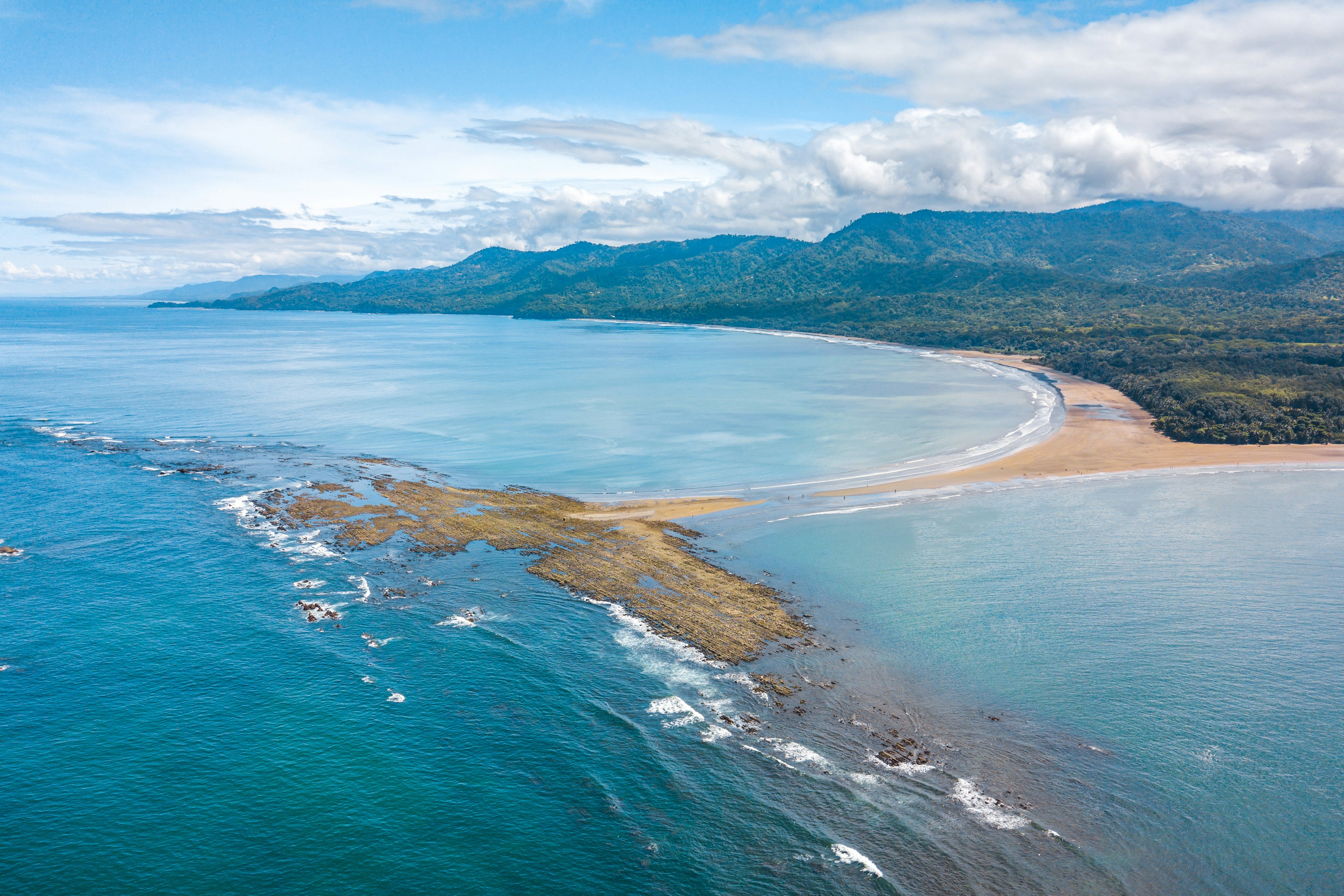 Marino Ballena National Park, Punta Uvita, Dominical, Puntarenas, Costa Rica - Aerial Drone View of the famous Whale Tail between the two beautiful beaches Playa Uvita and Playa Hermosa.