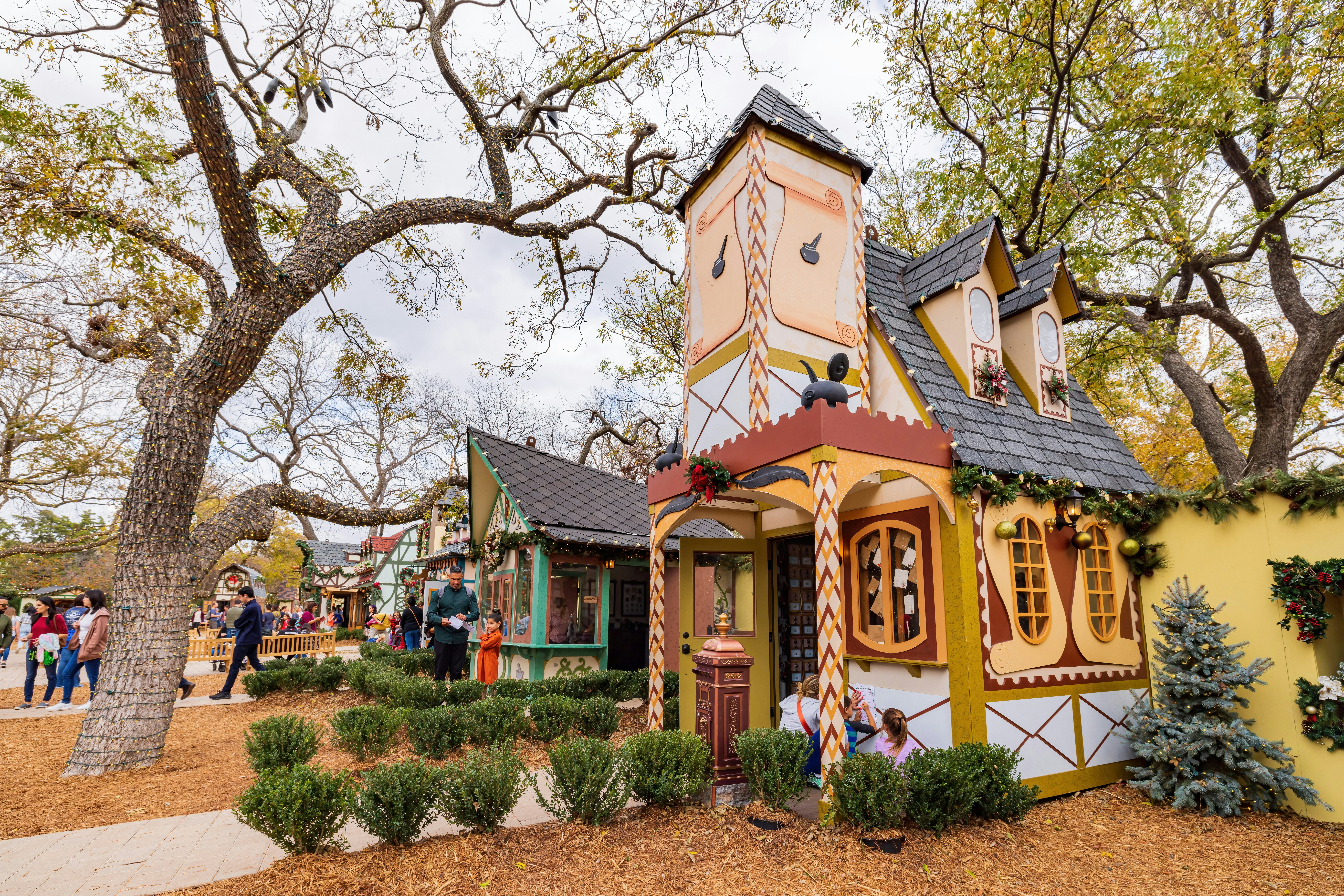 Overcast view of the Christmas Village in Dallas Arboretum and Botanical Garden