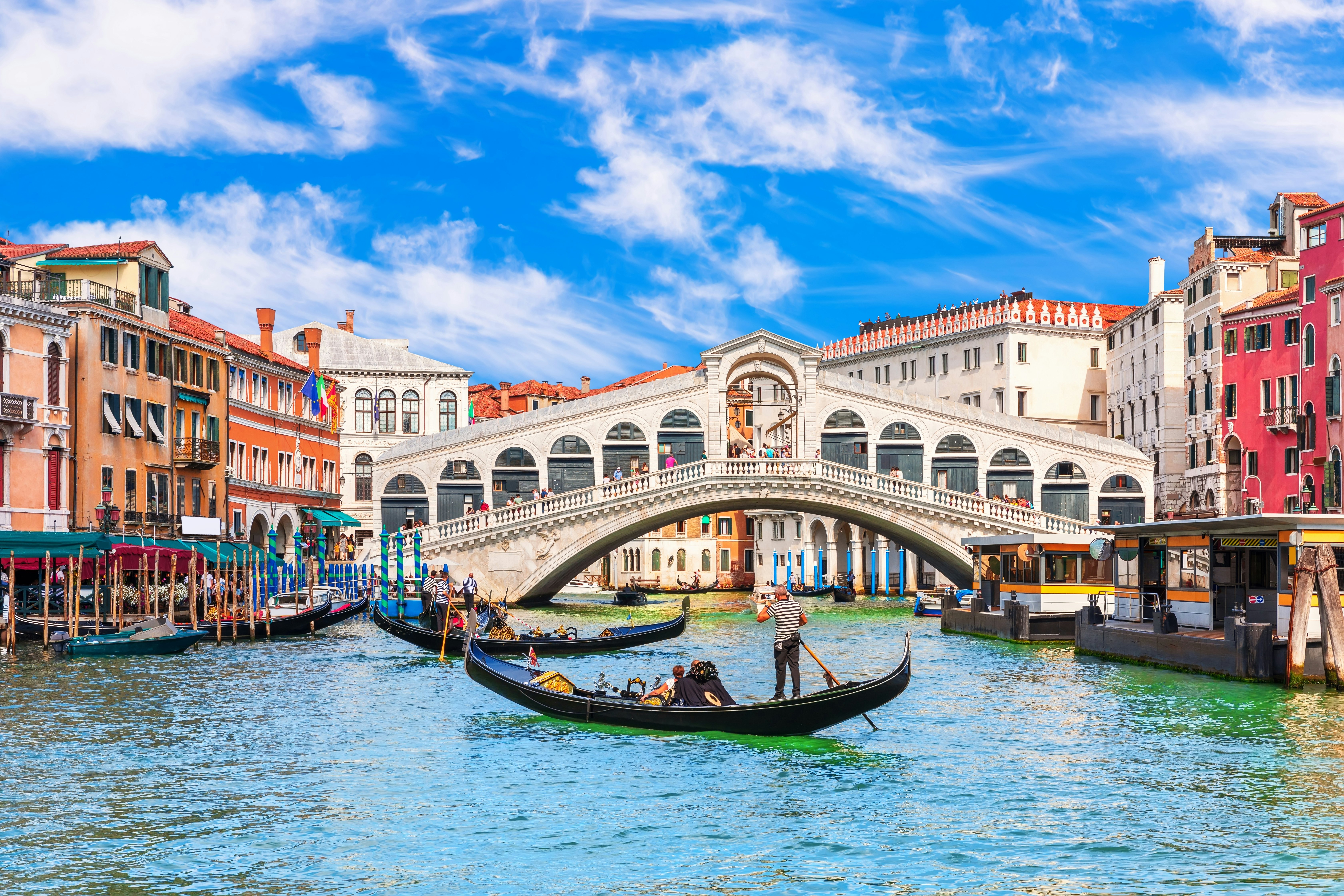 Buildings, gondolas and monuments by the Rialto Bridge of Venice on the Grand Canal