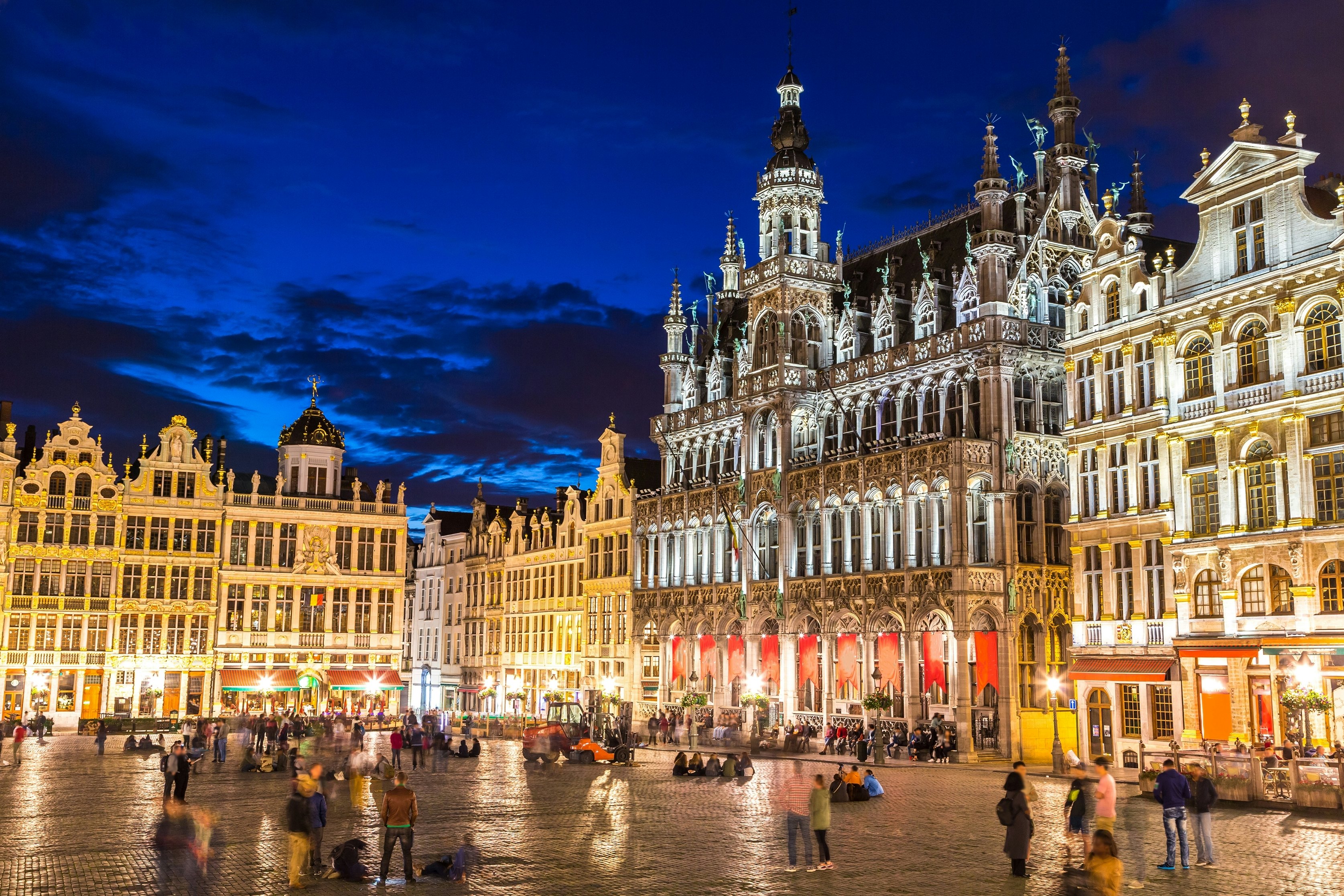 The Grand Place in Brussels lit up under a night sky, Belgium.