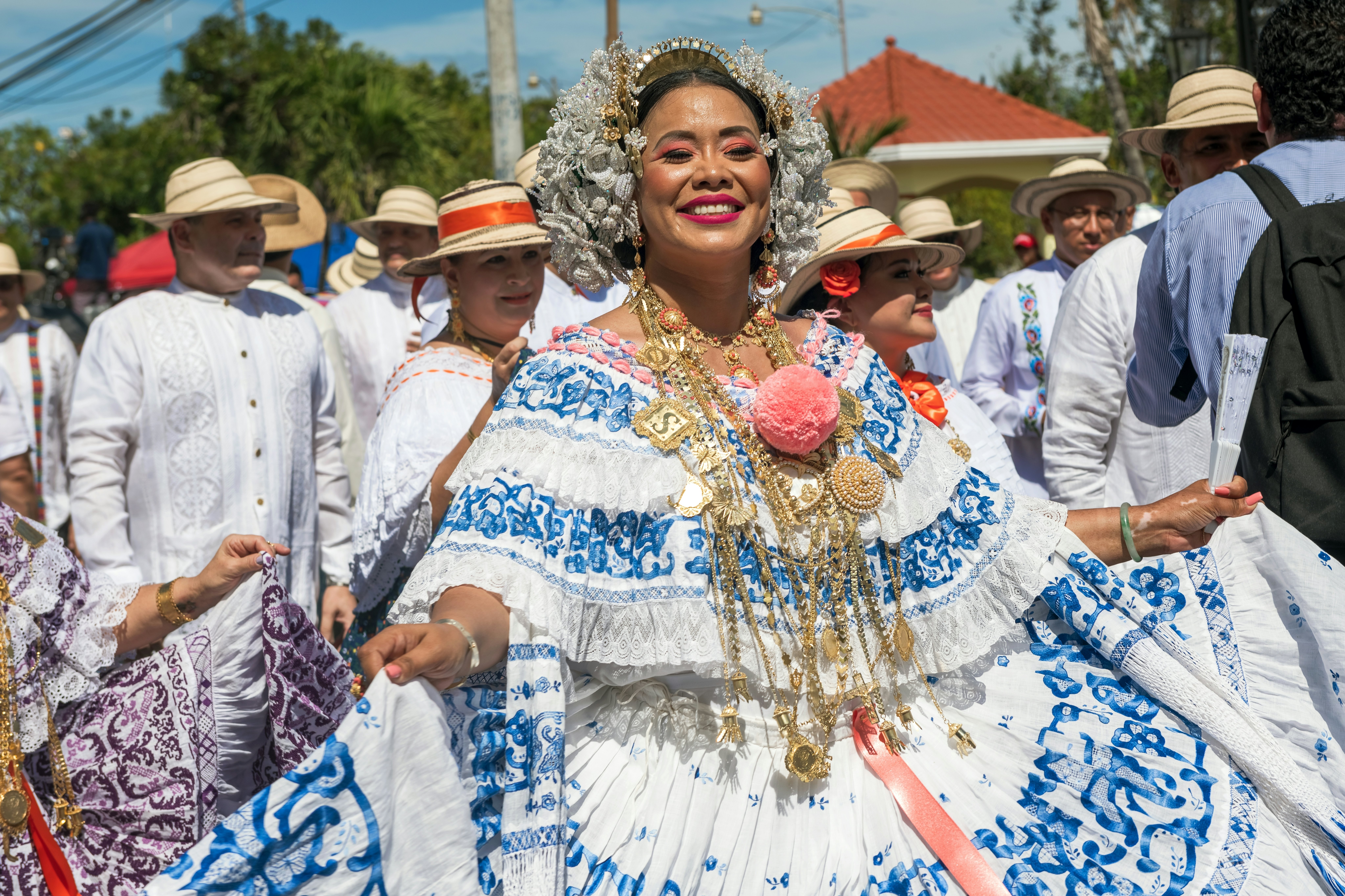 People parading and performing at 1000 Polleras Parade, known as the 'Desfile De Las Mill Polleras' in Las Tablas, Panama.