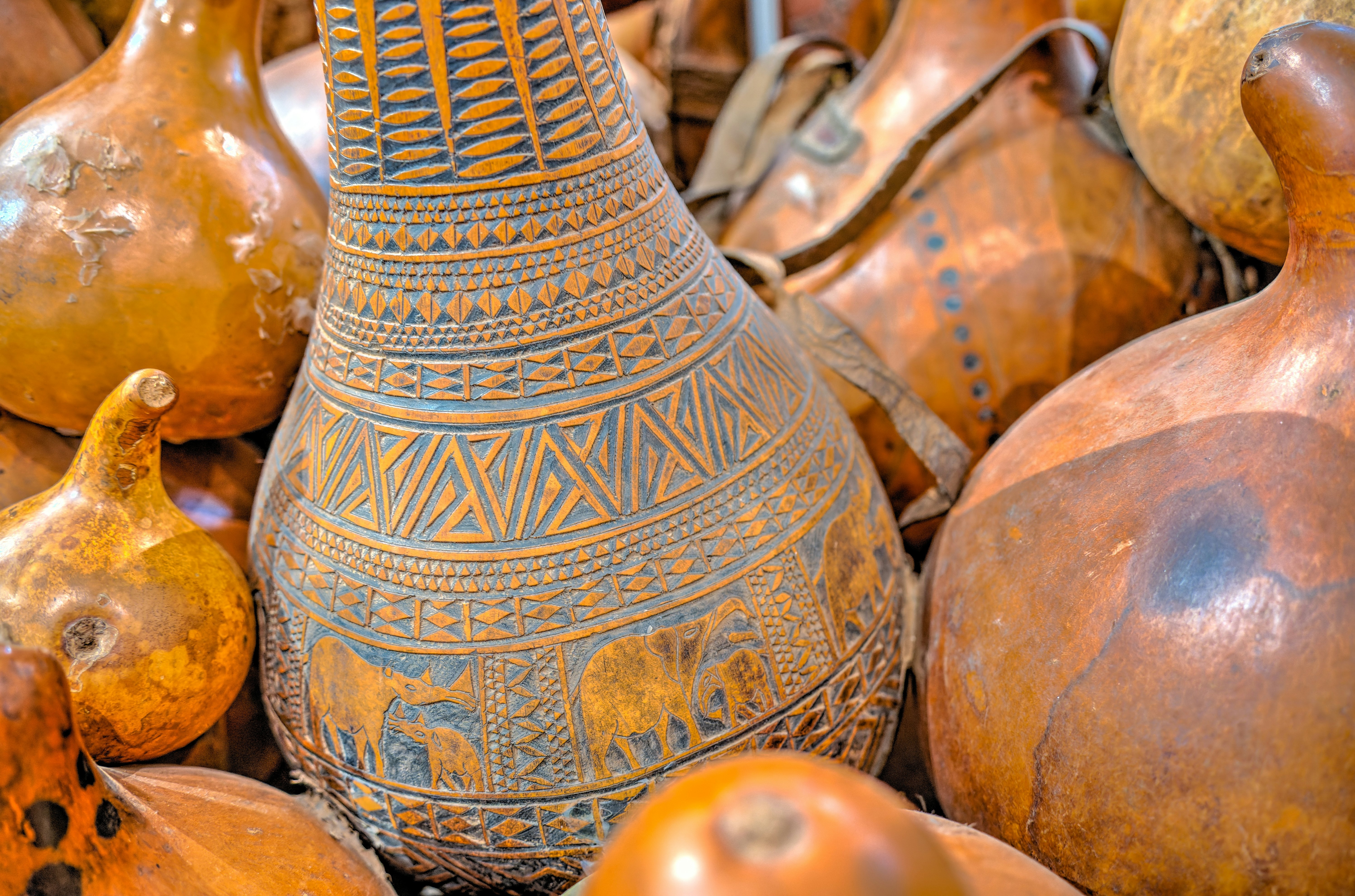 Carved gourds on sale in a market in Kenya.