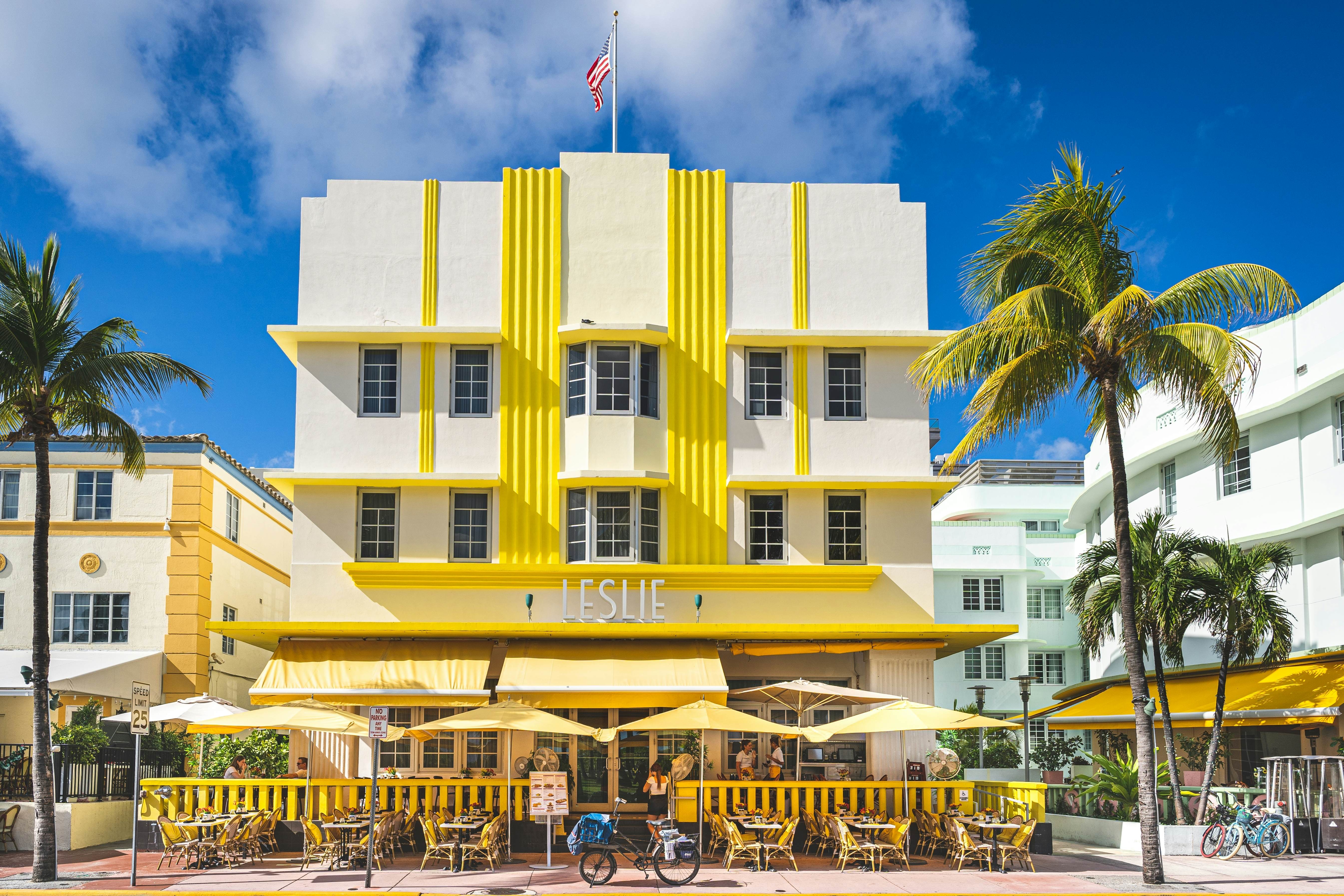 Miami, USA - December 7, 2022. Frontal view of the Leslie hotel facade in Ocean Drive, Miami Beach, License Type: media, Download Time: 2025-03-26T16:02:25.000Z, User: oneseven7891, Editorial: true, purchase_order: 56530 - Guidebooks, job: Glocal Publishing WIP, client: miami-and-the-keys-10, other: Dominic Allen