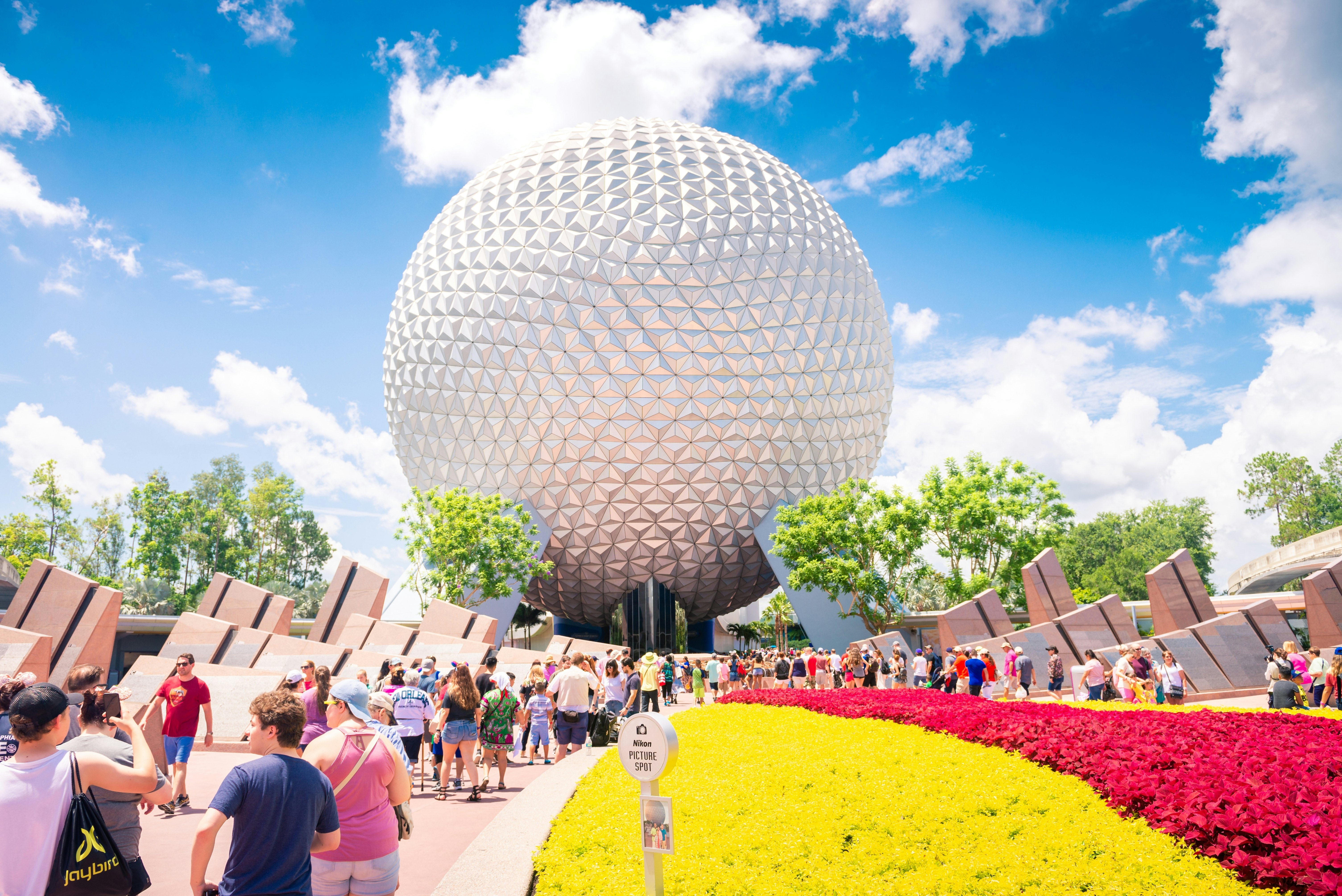 The famous ball-shaped entrance to Epcot in Disney World, Orlando, Florida.