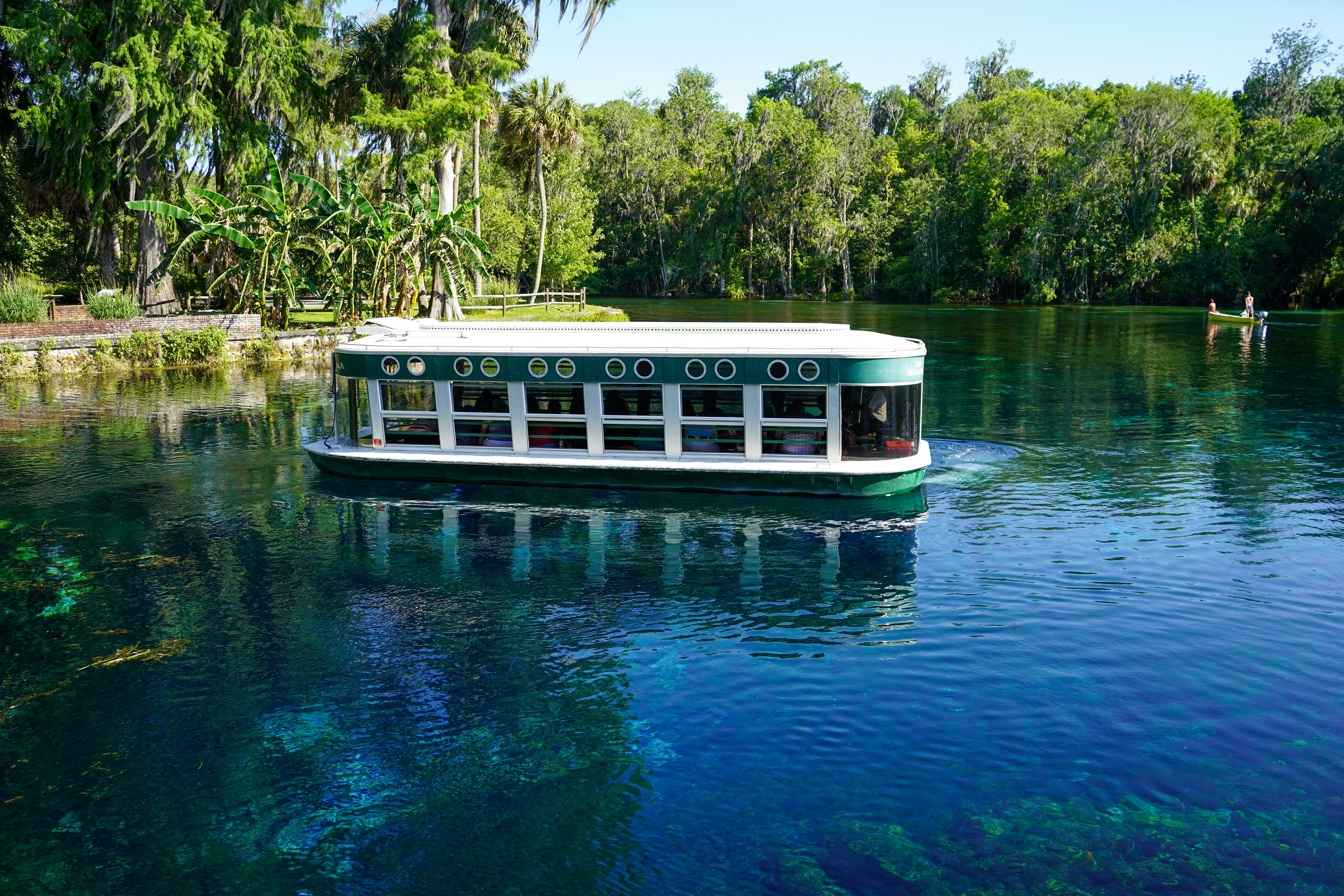 A narrow boat with windows all around floats on clear water in Florida; greenery lines the shore.