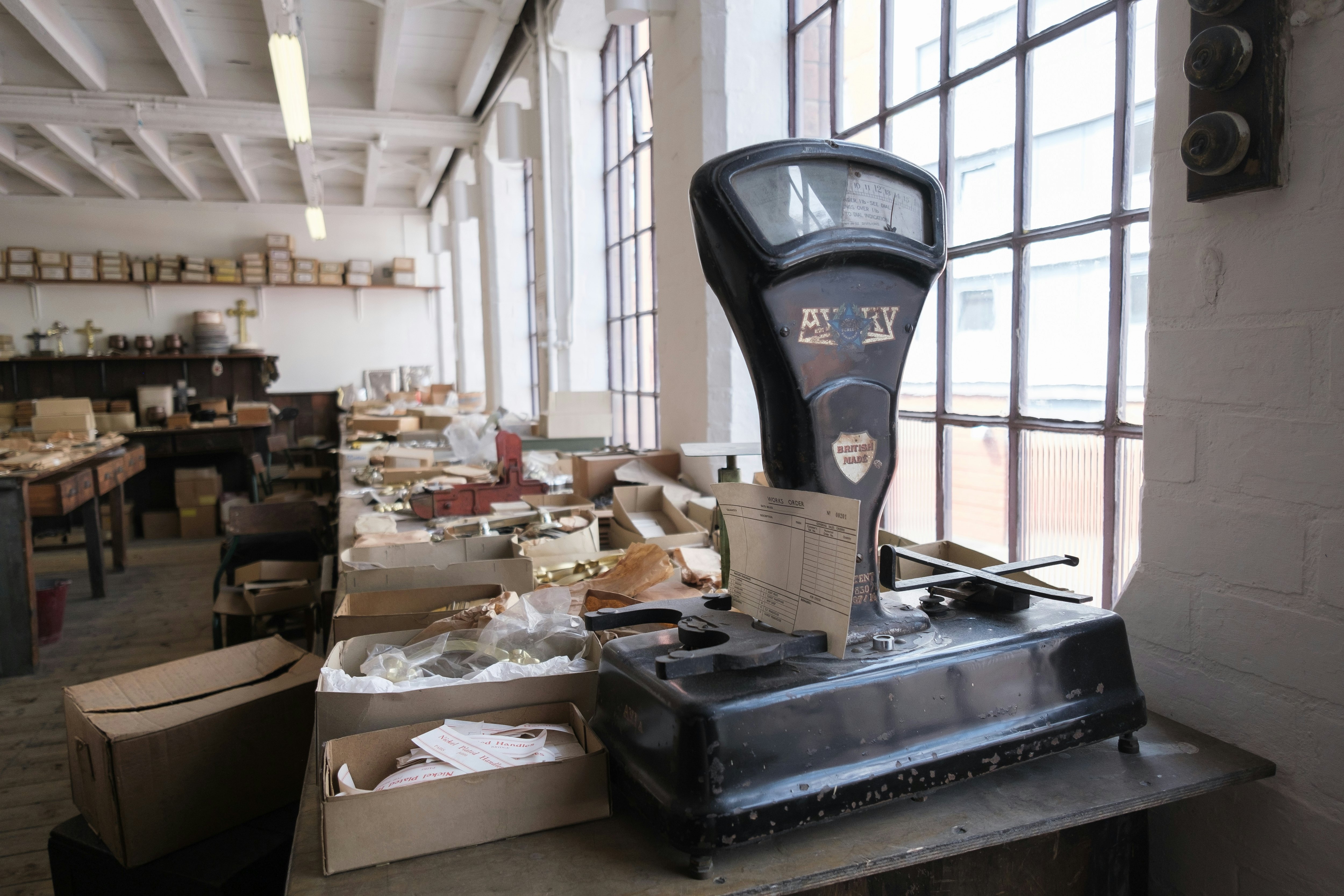 A workroom with boxes of supplies.