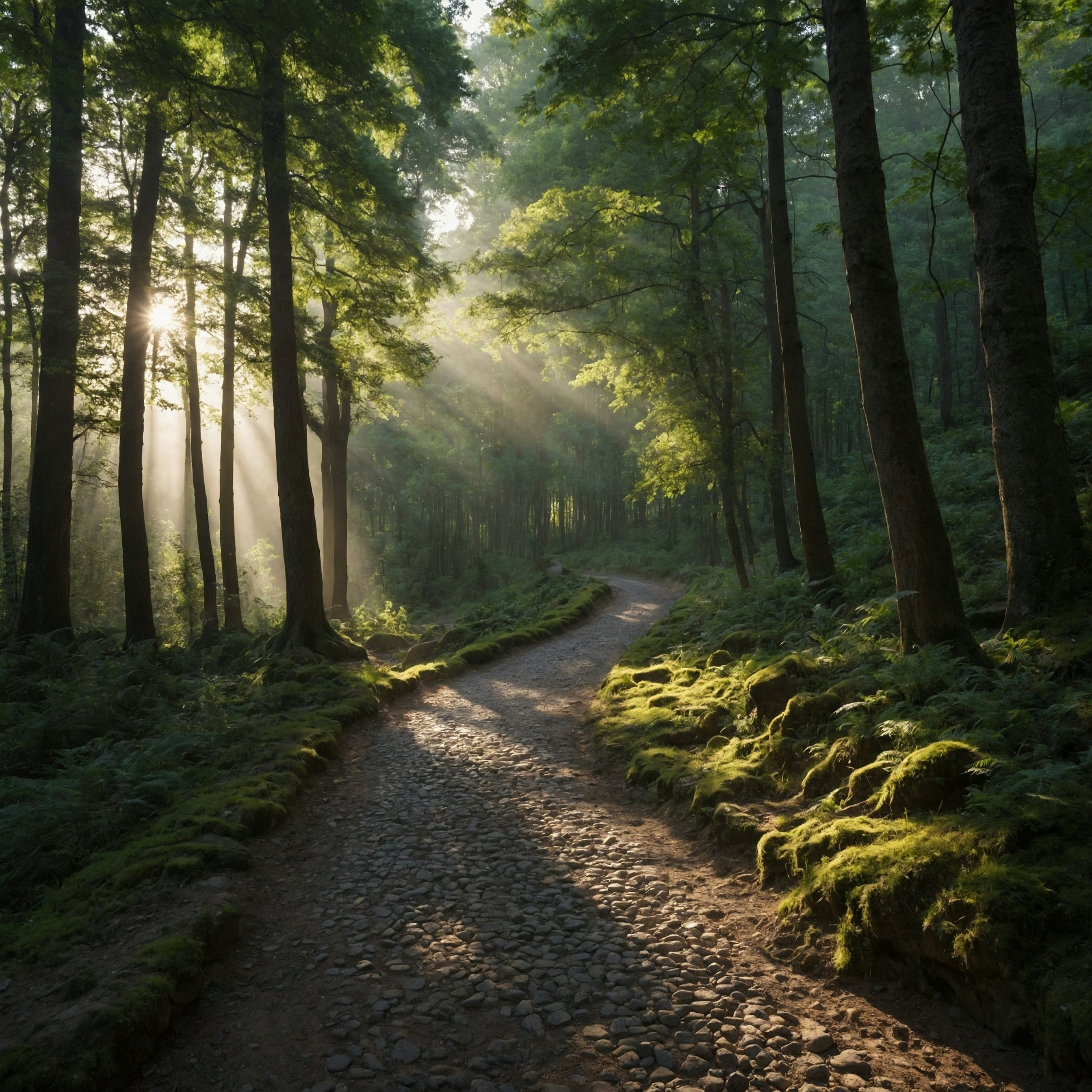 A cobblestone Roman road running through a dense forest, with rays of sunlight breaking through the trees.