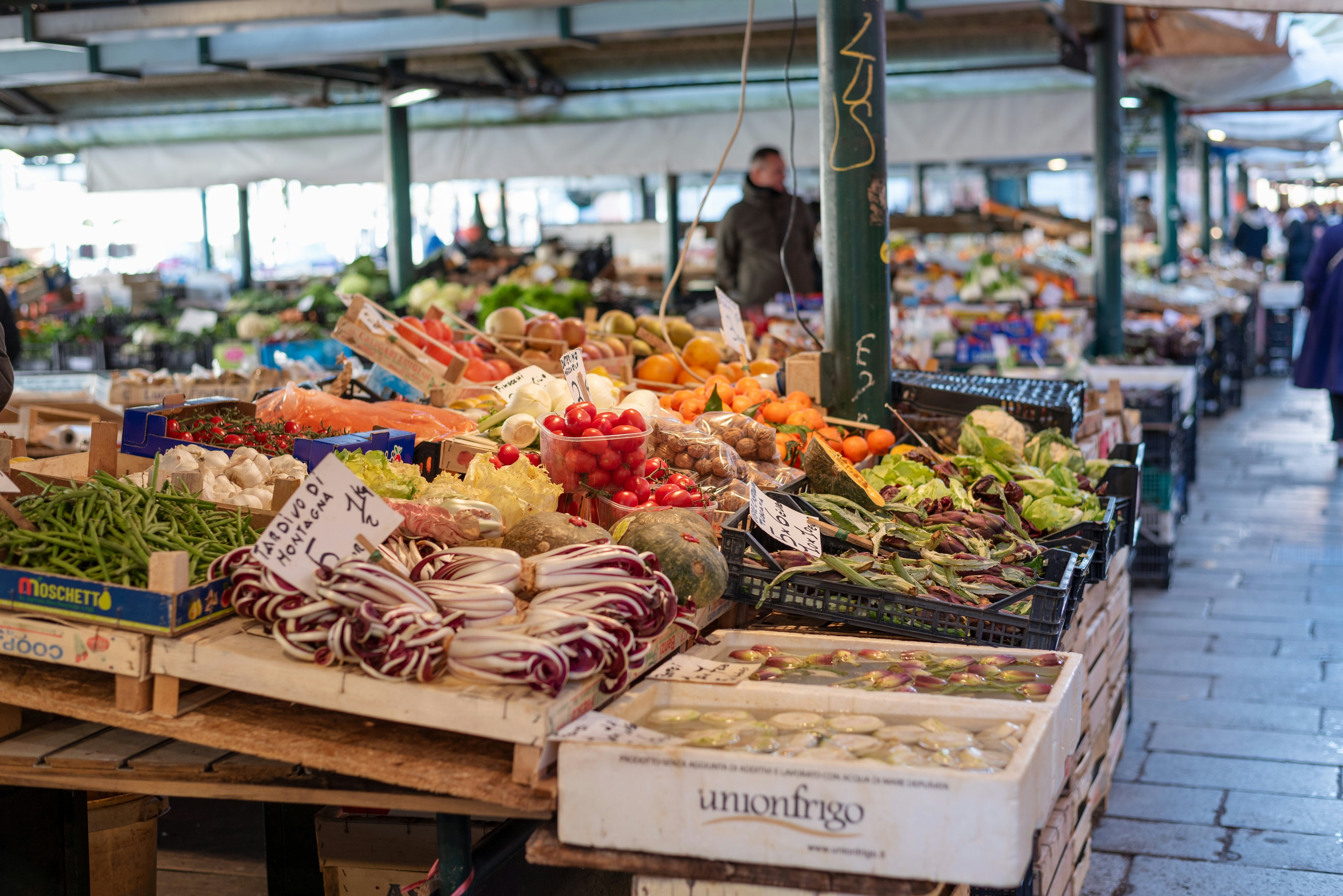 Fresh fruit and vegetables for sale in a market.