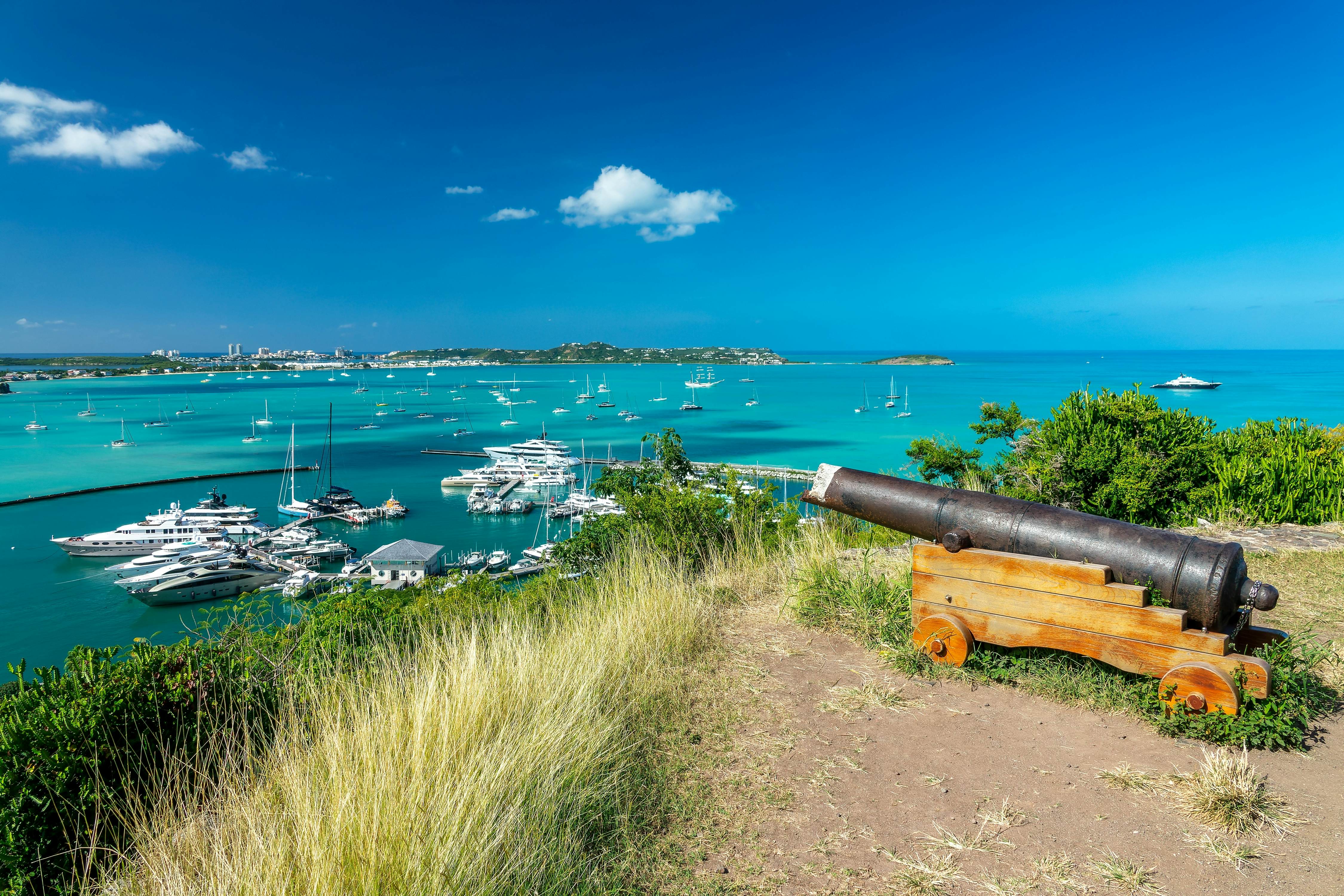 Fort Louis and the bay of Marigot in the Caribbean island of St Martin (Sint Maarten), French West Indies                              , License Type: media, Download Time: 2026-01-07T18:54:08.000Z, User: bhealy950, Editorial: false, purchase_order: 65050 - Digital Destinations and Articles, job: Lonely Planet Online Editorial, client: Best things to do in St Martin, other: Brian Healy