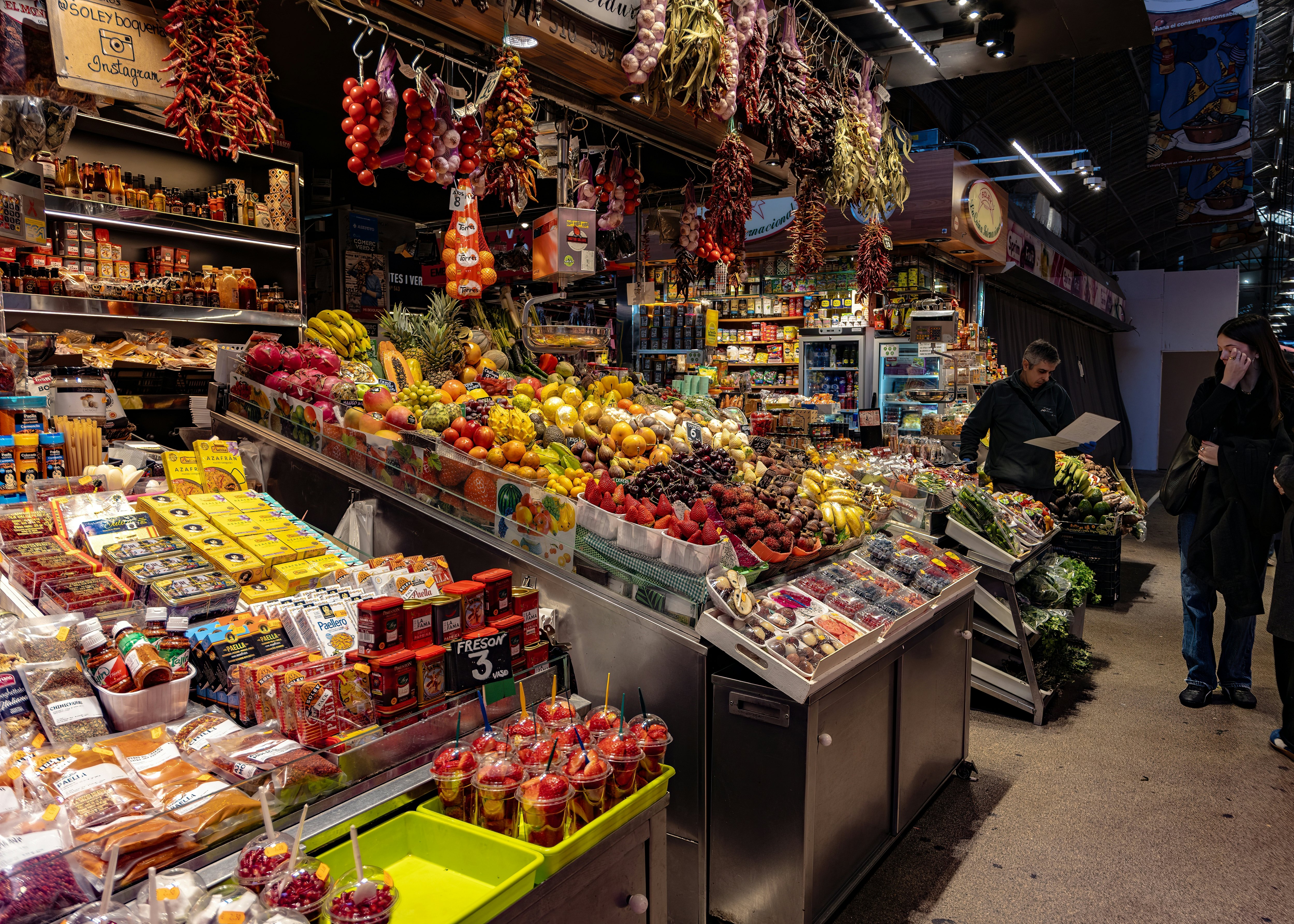 Fresh Fruit and Vegetables stall in the Mercat de La Boqueria, Food Market in The Ramblas,