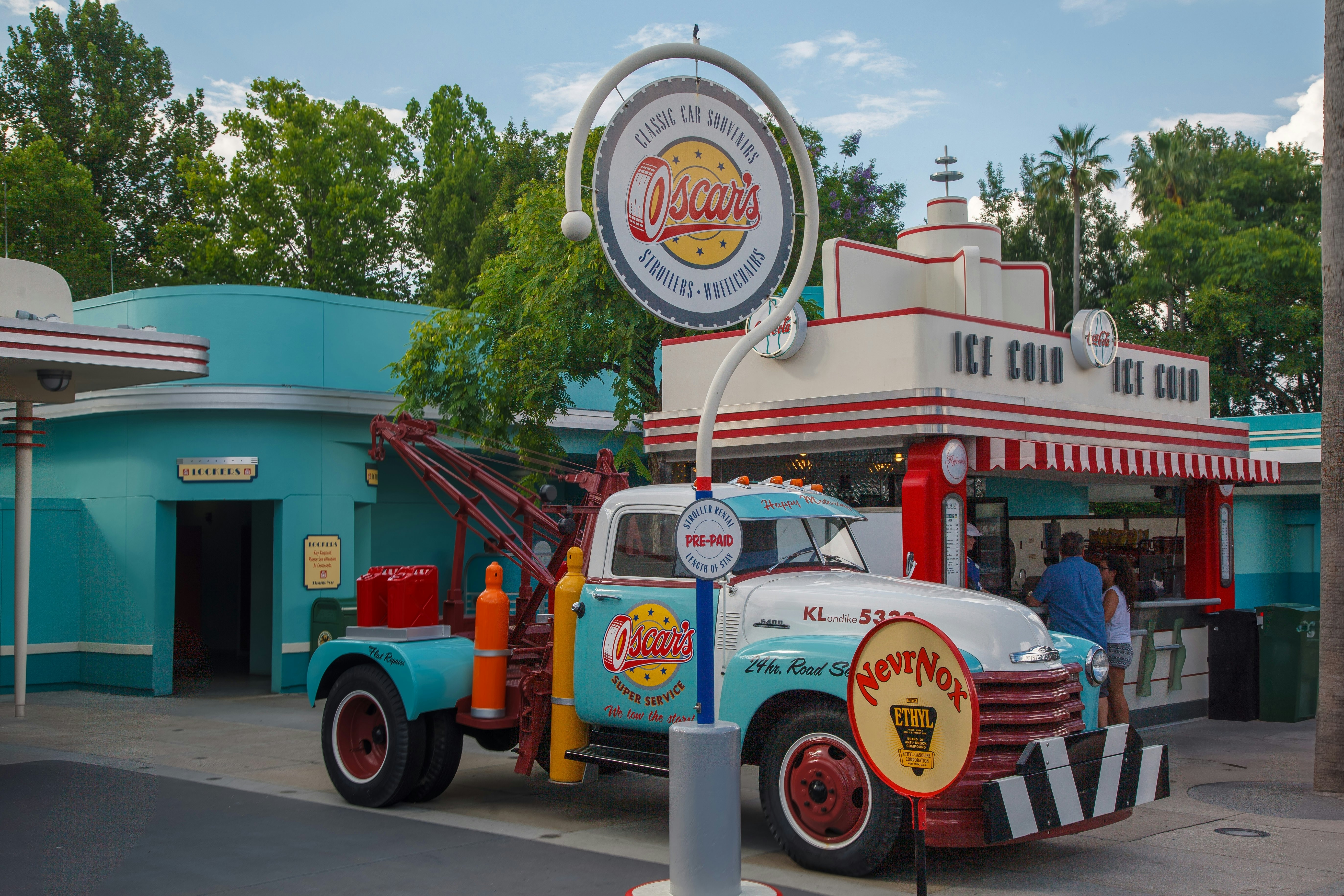 A vintage pick-up truck and food kiosk at Hollywood Studios, Disney World, Florida, USA.