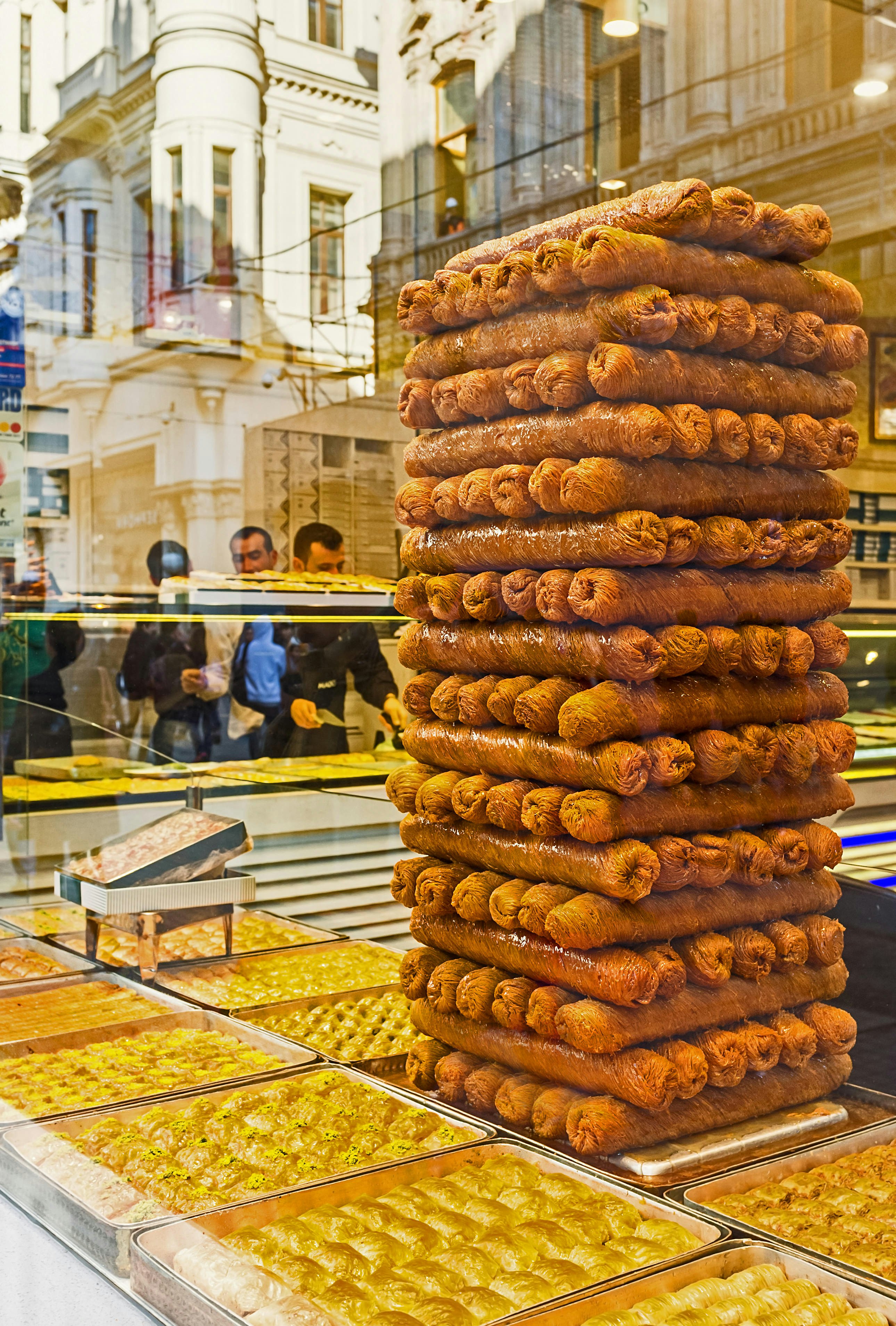 ISTANBUL, TURKEY - The sweet tower made of baklava, the popular Middle Eastern pastry, at the storefront in  Independence Avenue, in Istanbul.