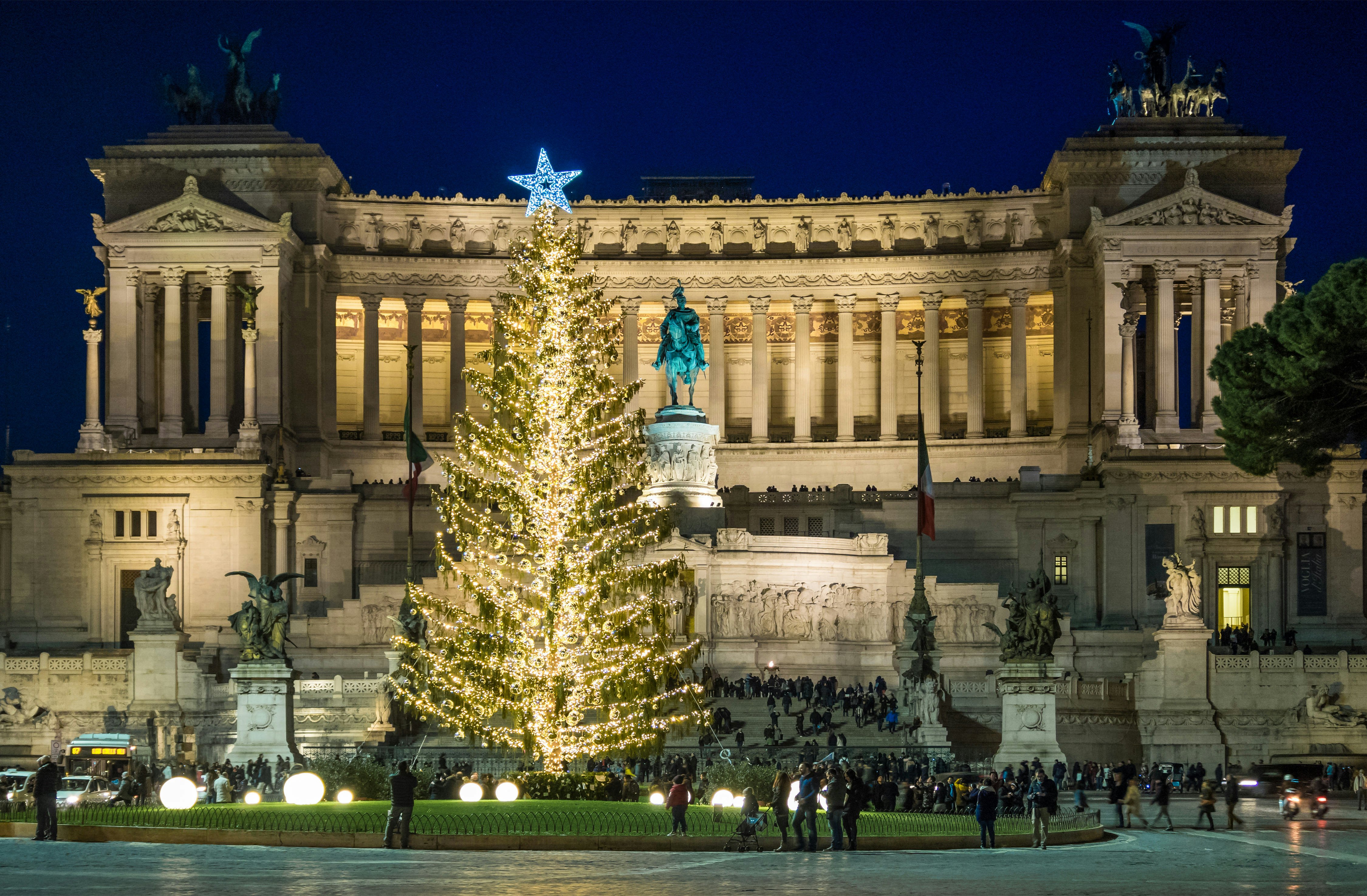 Piazza Venezia square and the Altare della Patria monument, with Christmas decorations and the famous Christmas tree called Spelacchio.