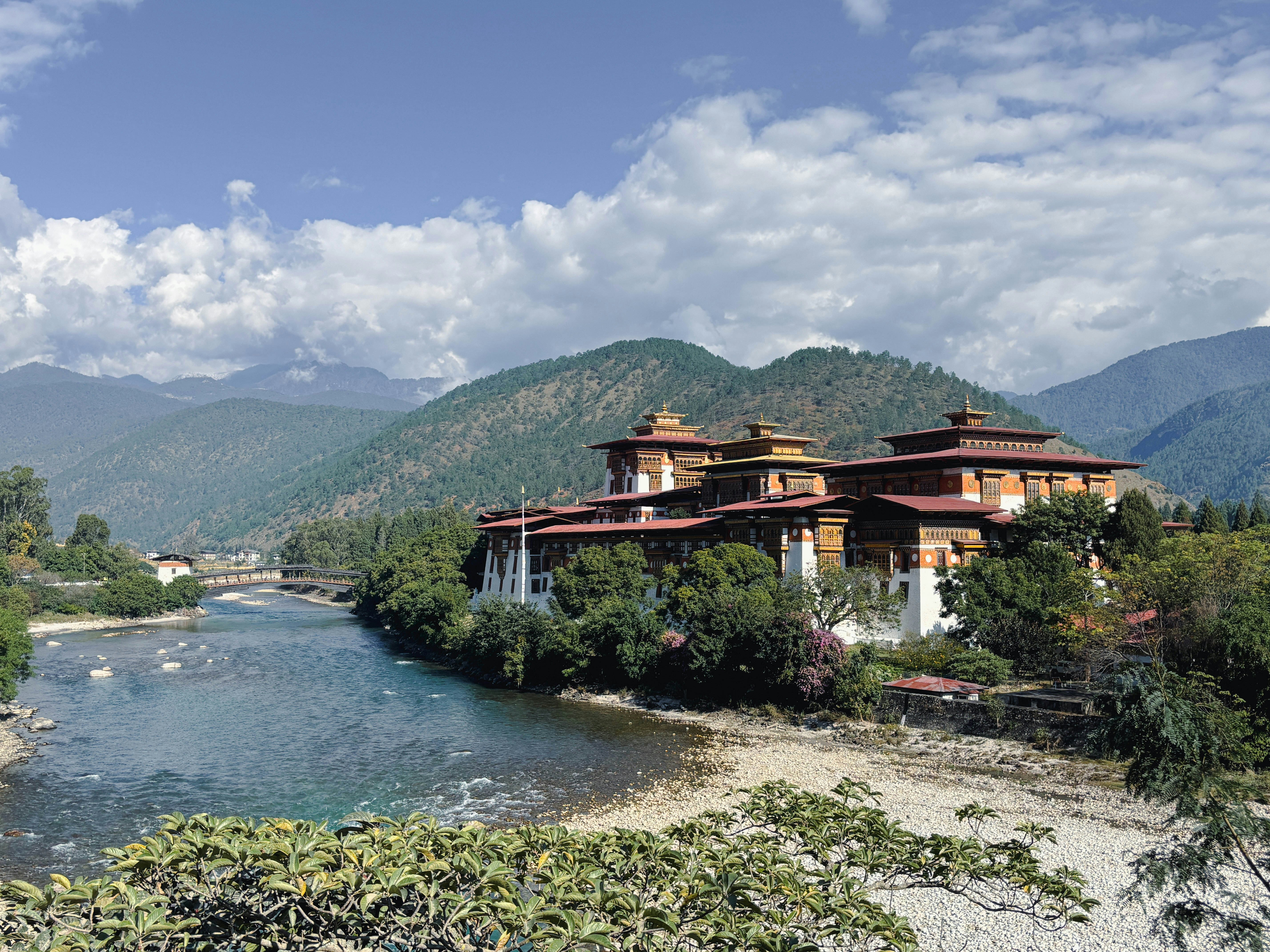 Punakha Dzong rises over the river in Punakha, Bhutan