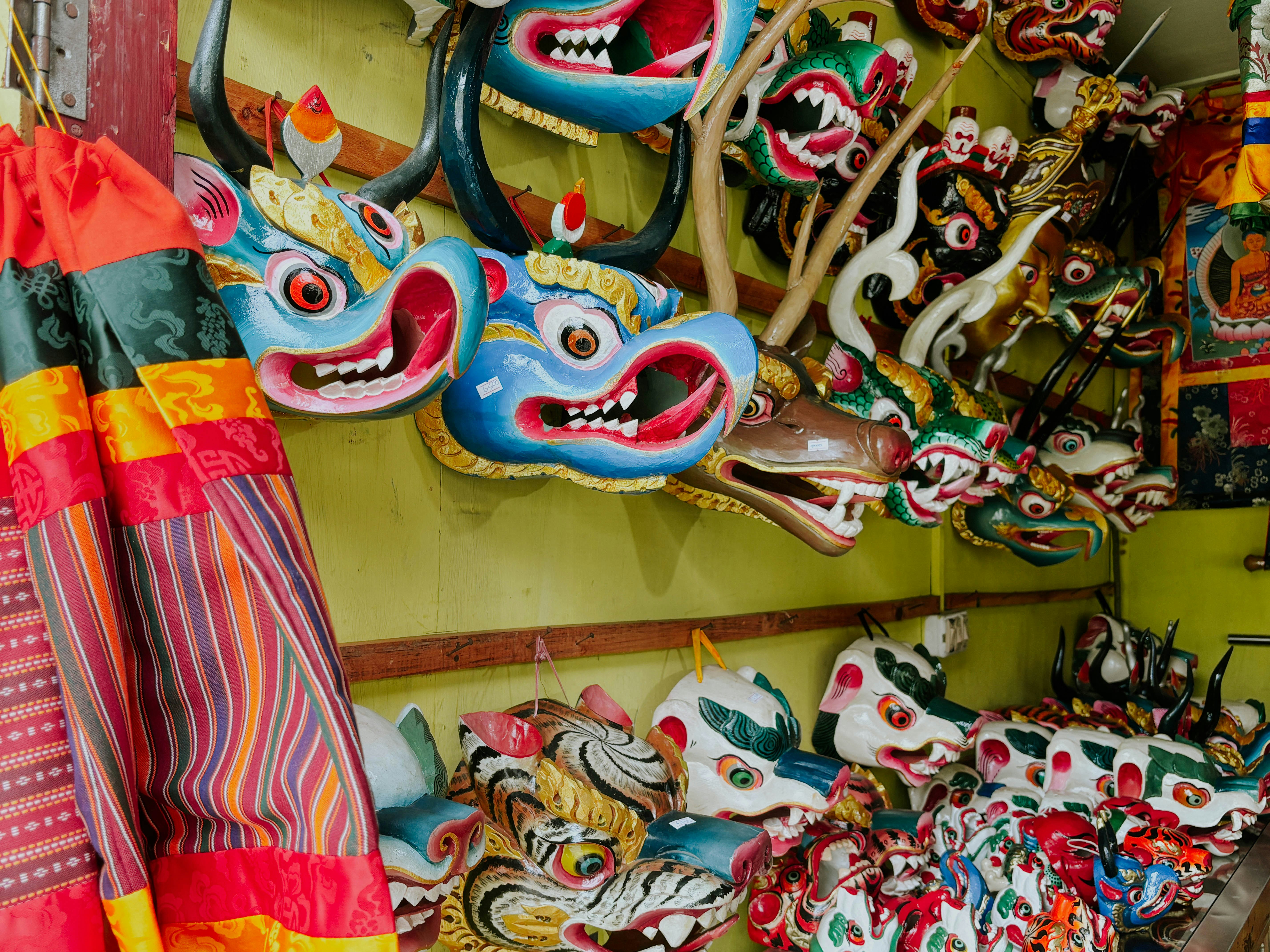Traditional Buddhist masks for sale in Thimphu, Bhutan.