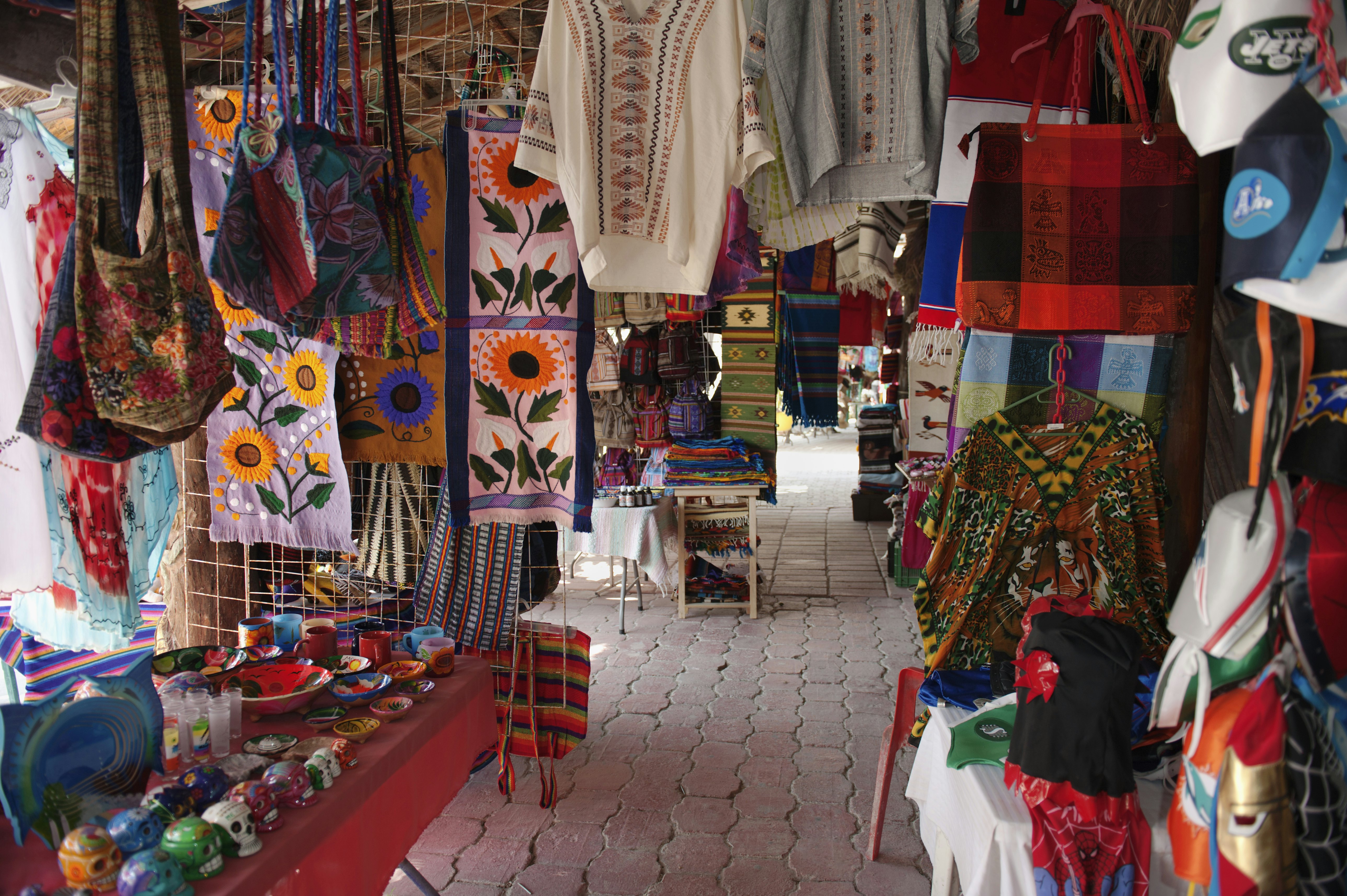 Handicrafts for sale at the artisans market, in Puerto Morelos, Quintana Roo, Mexico.