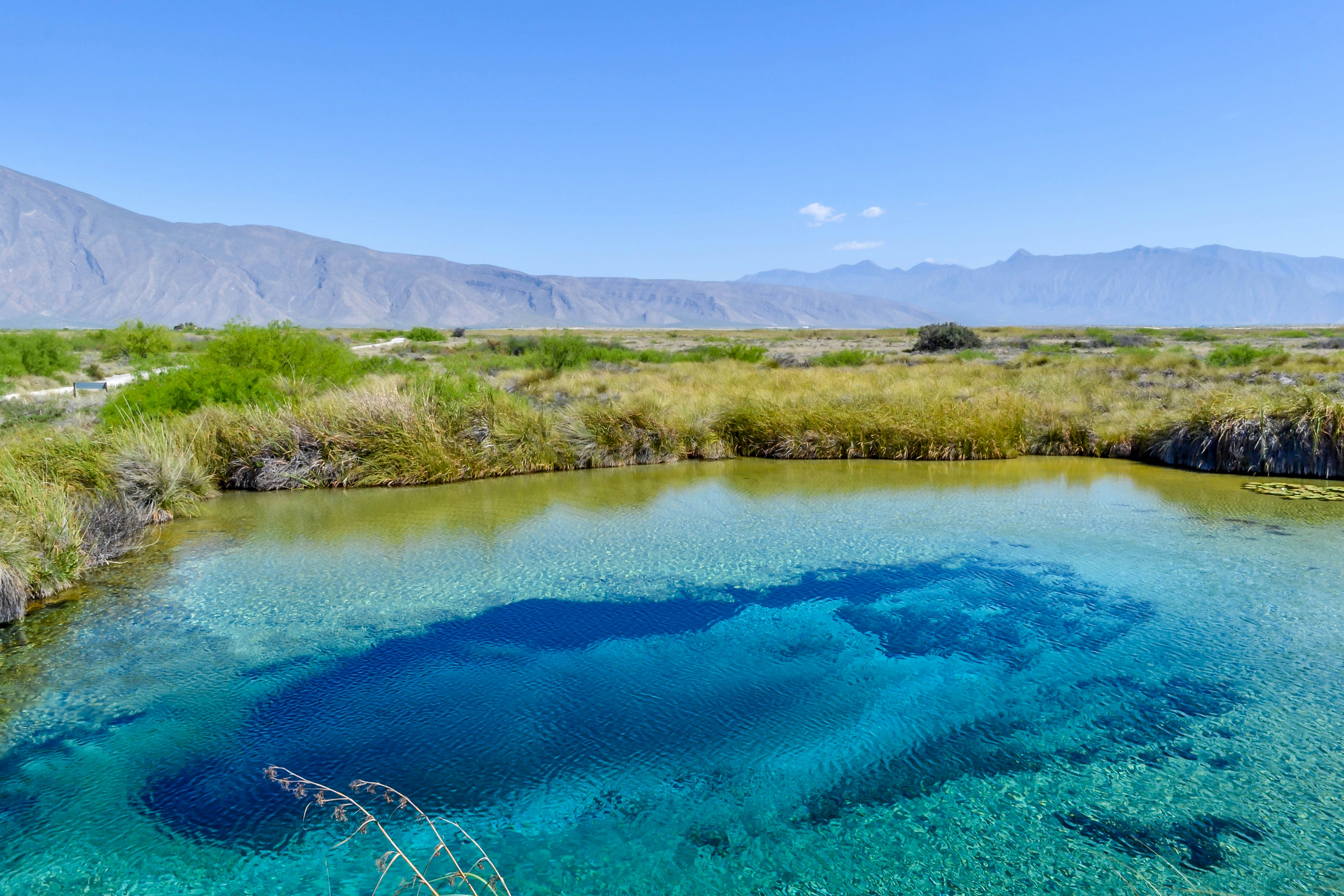 A turquoise pool surrounded by grasslands with mountains in the distance.
