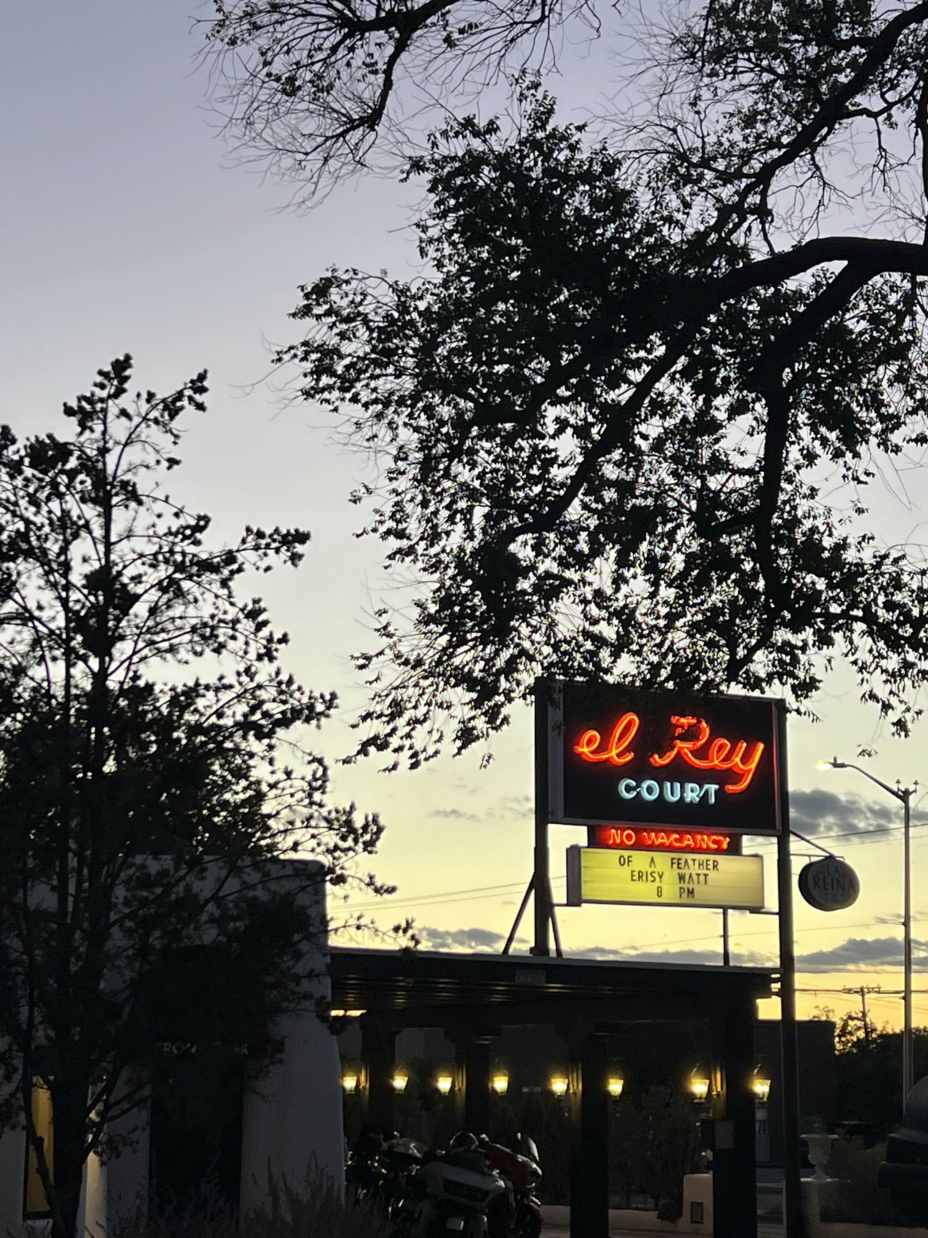 A neon sign reading "El Rey Court" set against the silhouette of tree leaves at sunset.