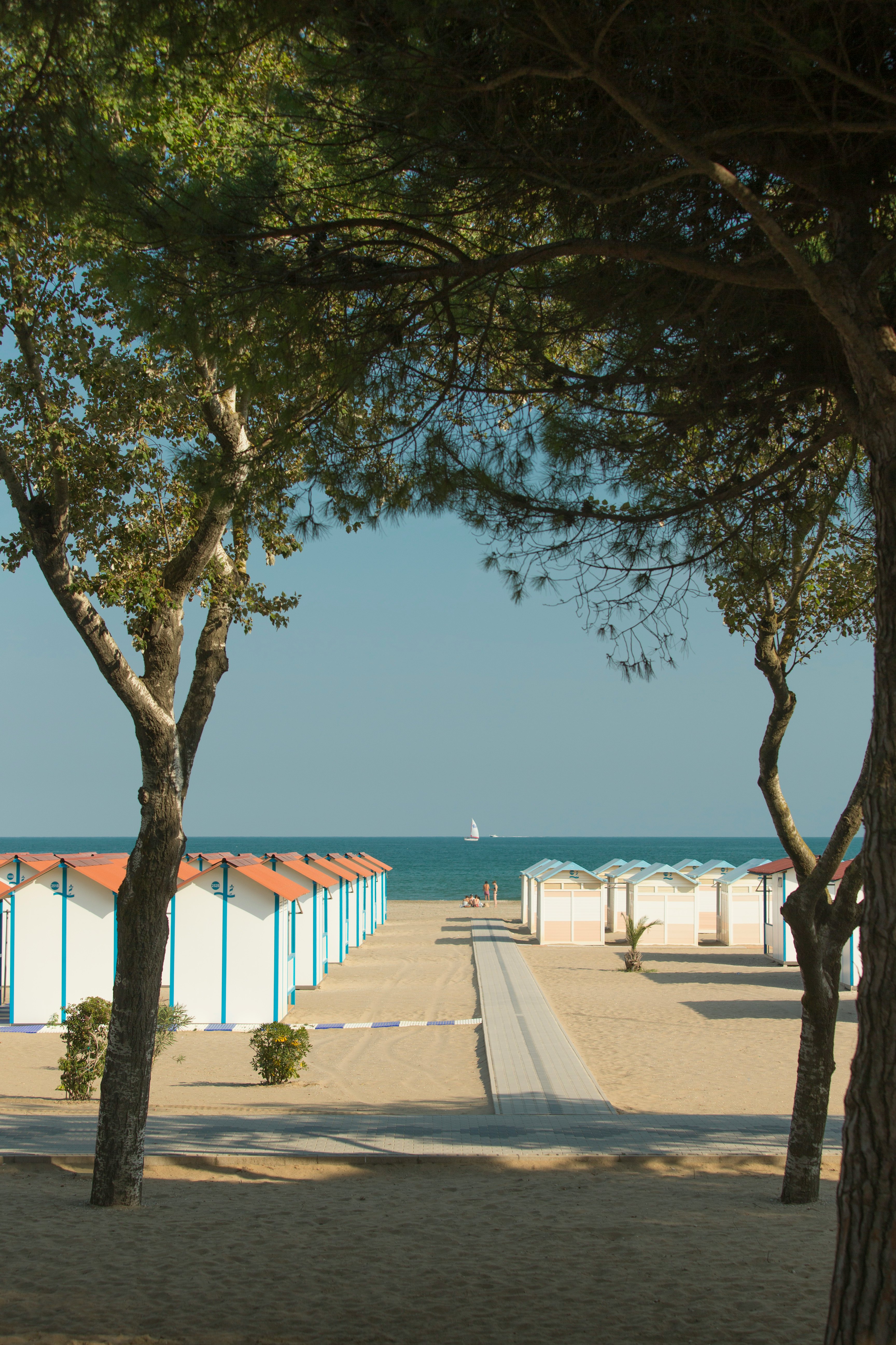 Beach huts facing the Adriatic Sea.