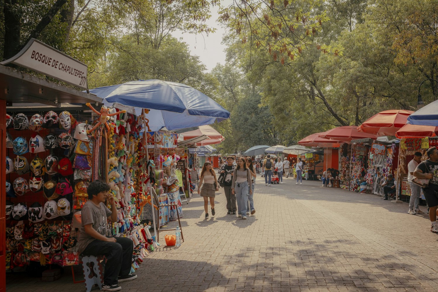 People walk on a pathway through a park with vendors on either side.