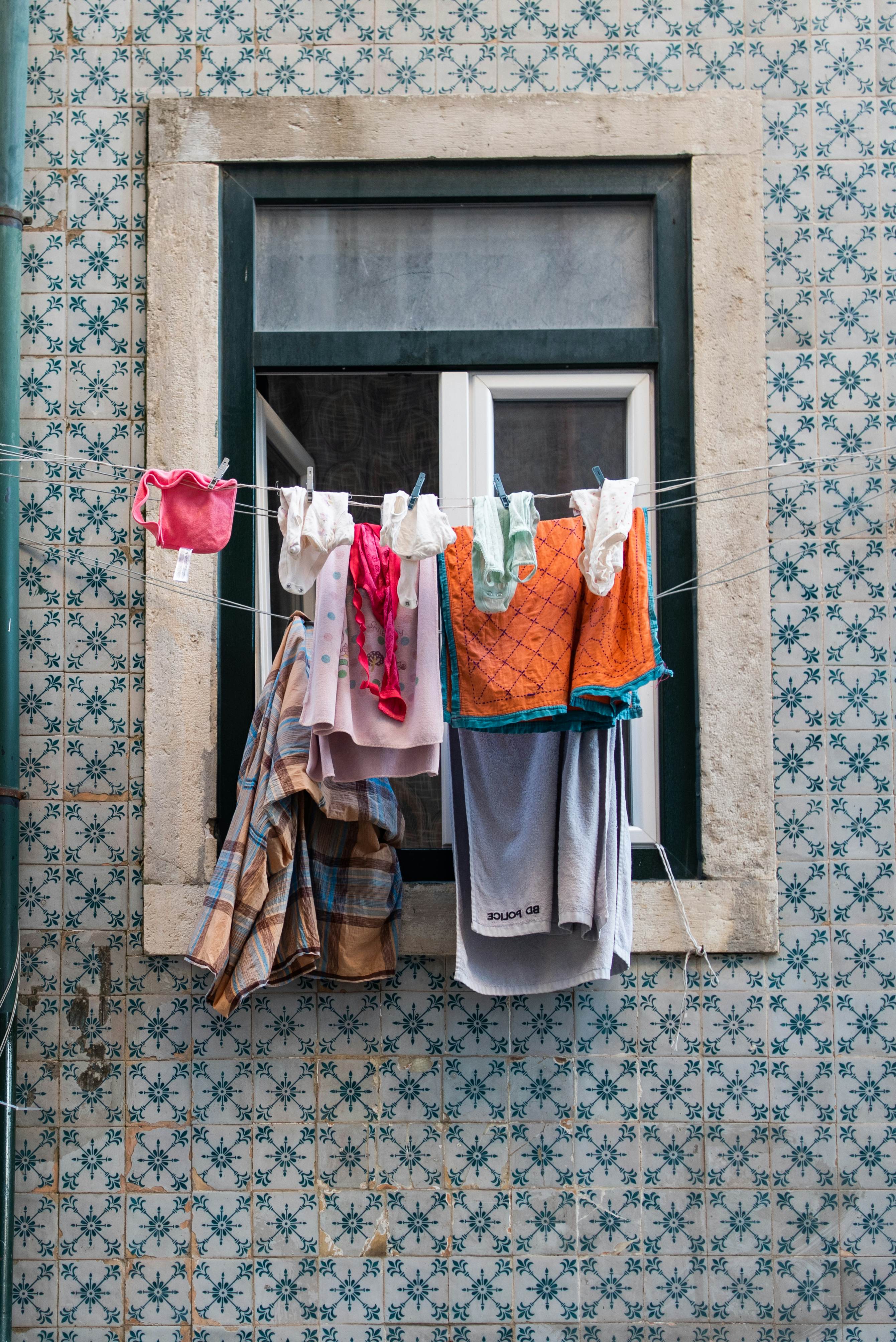 Clothes hanging outside an apartment in Lisbon.