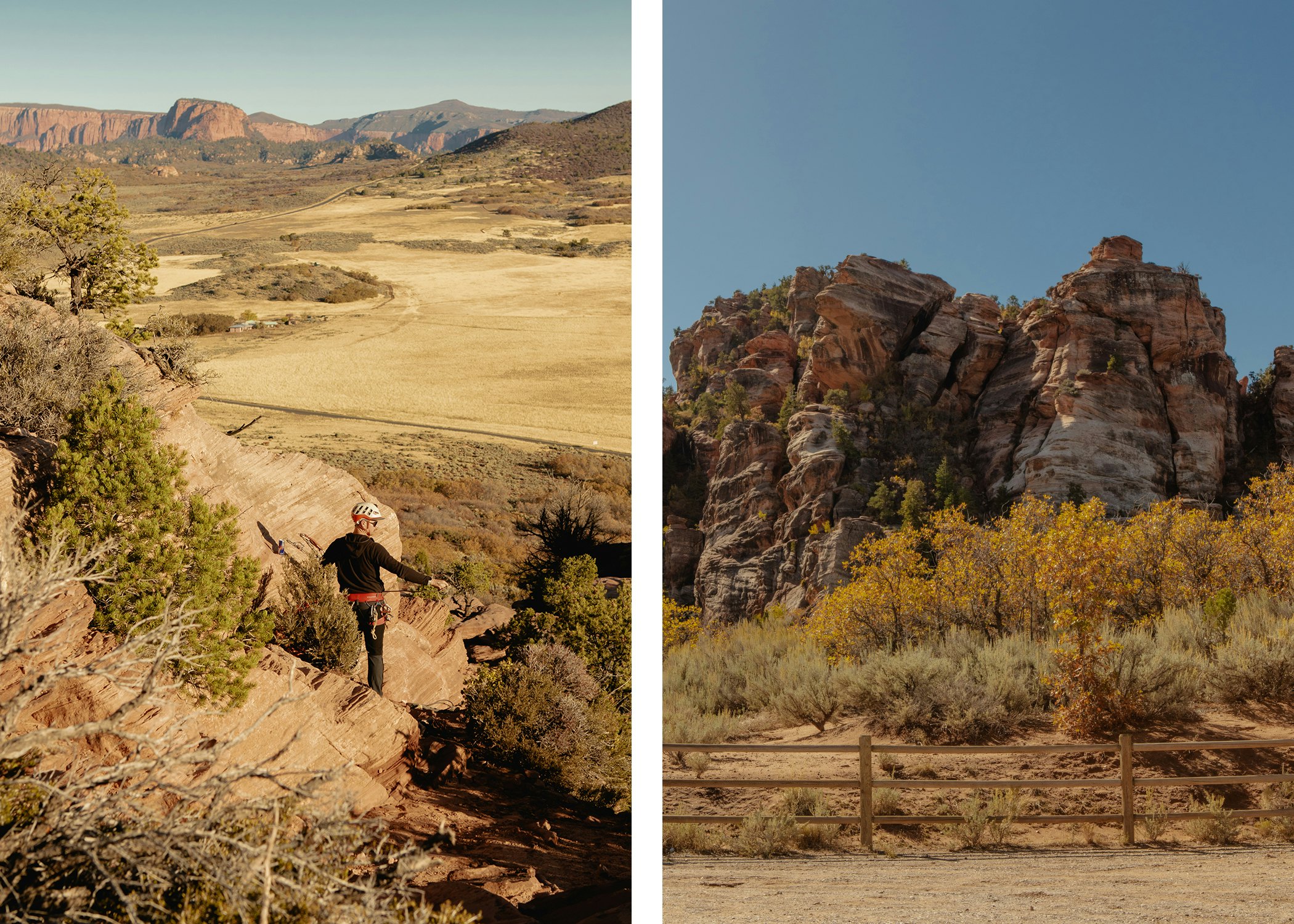 Left: A man prepares rappelling equipment while standing on the edge of a cliff. Right: Rock cliffs and desert plants behind a wooden fence.