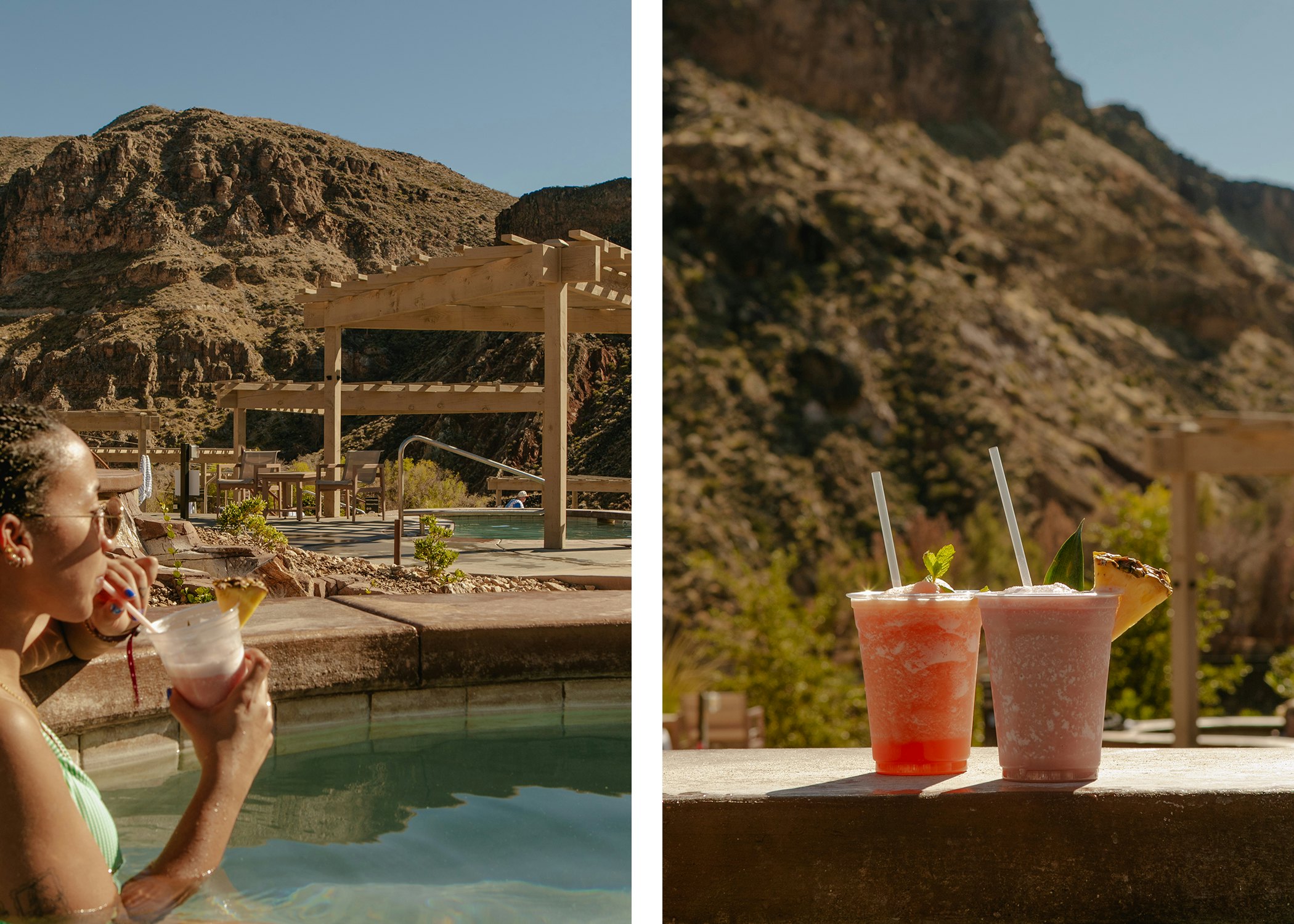 Left: A woman sips a drink while in a hot spring pool with rocky cliffs in the background. Right: Two frozen drinks in plastic cups with straws and garnishes.