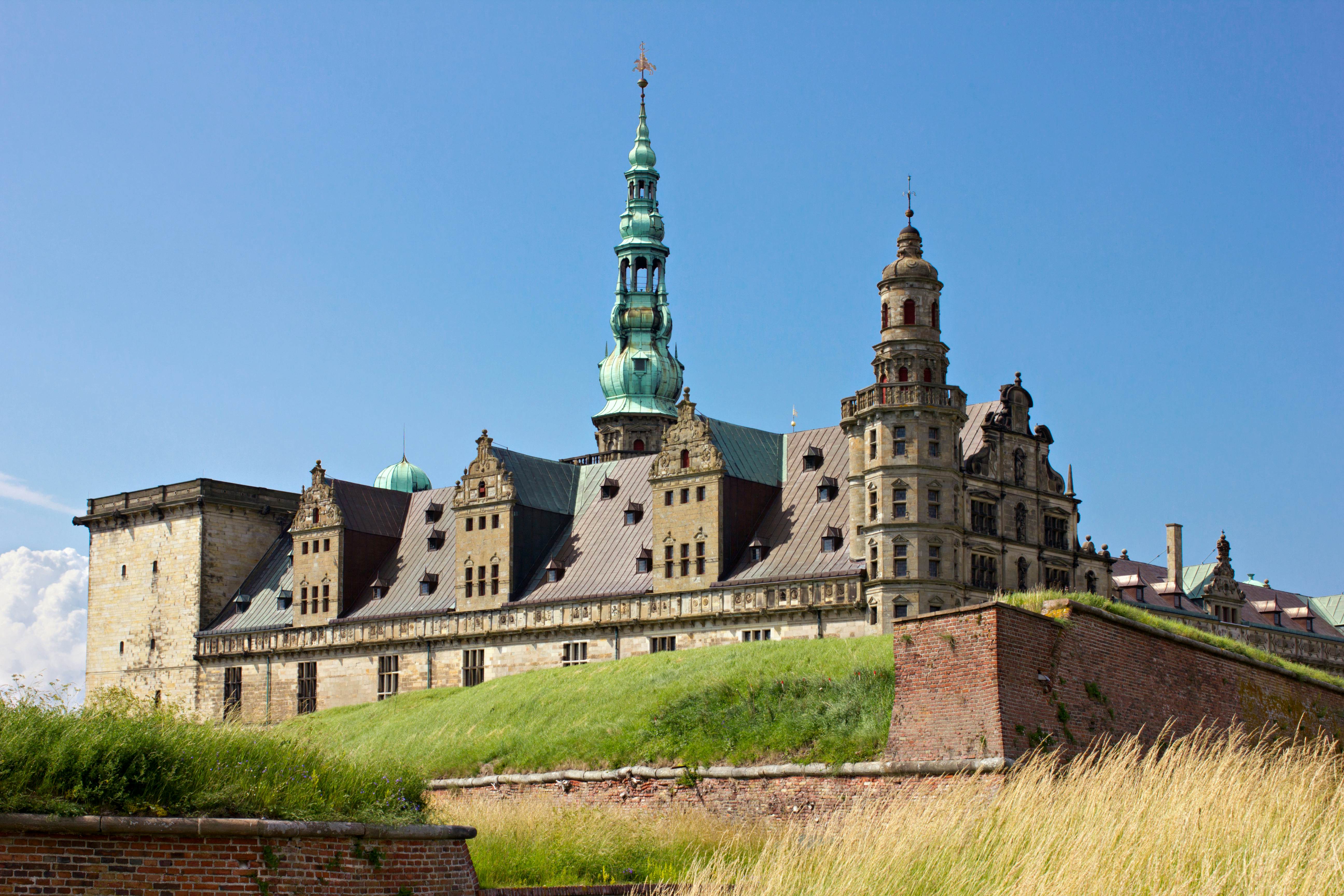 The roof of a castle, with turrets and gables.