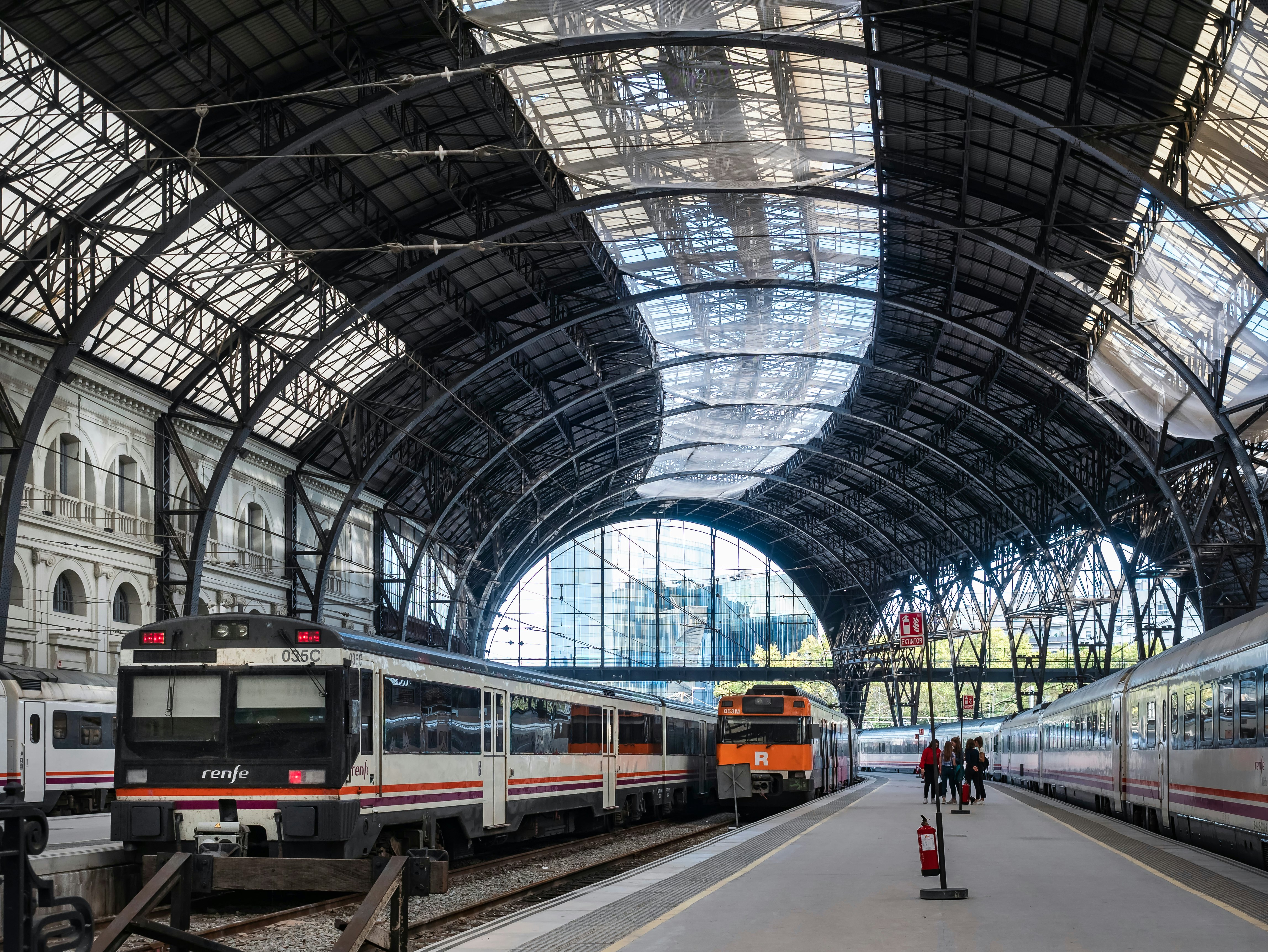 A commuter train rolls into Estació de França station in Barcelona, Spain.