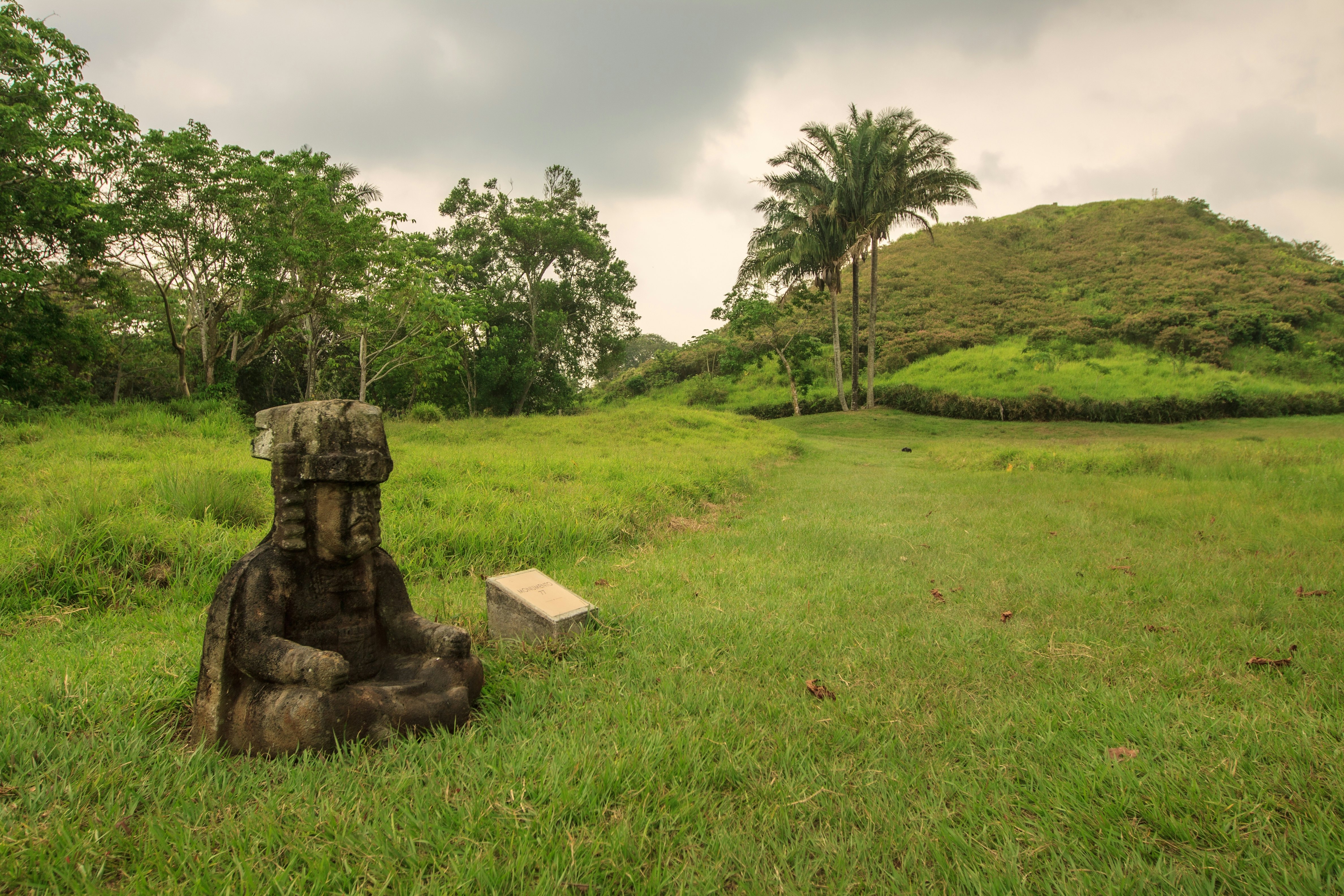 An ancient stone statue of a human-like figure stands in a grassy field near woodland.