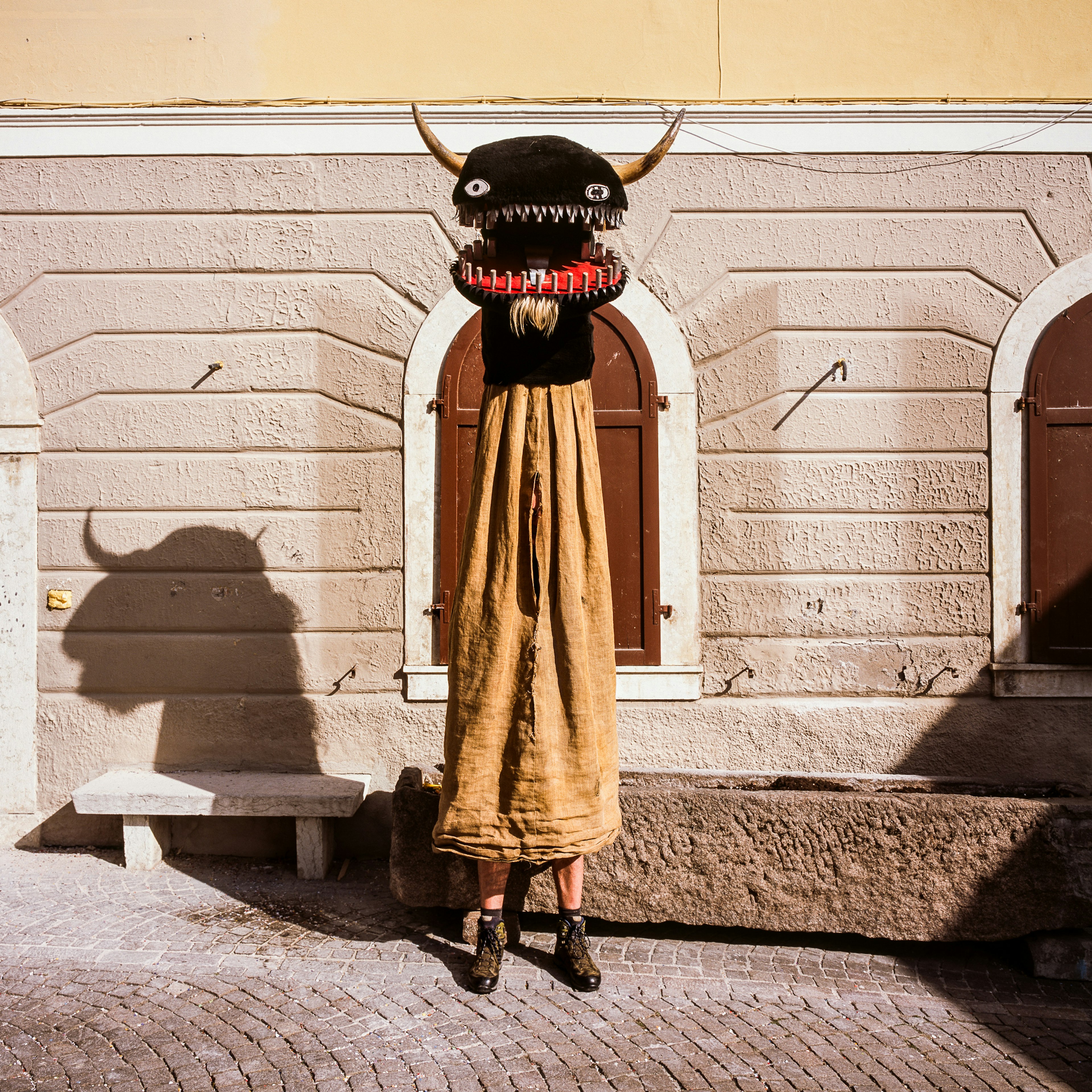 A person wears a costume with a black horned head.