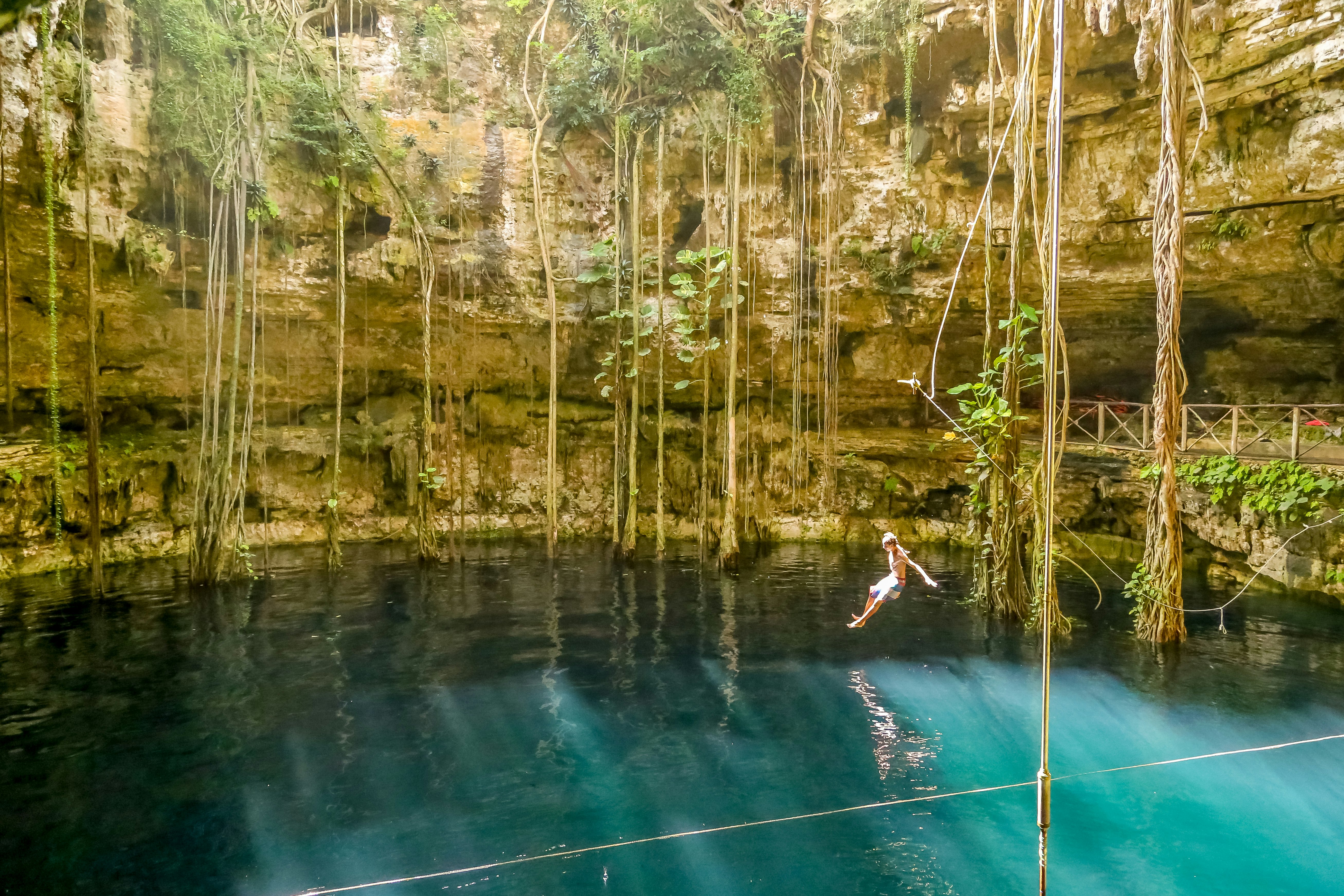 A young man jumps into a pool in an underground watering hole. Vines hang from the opening above the pool.