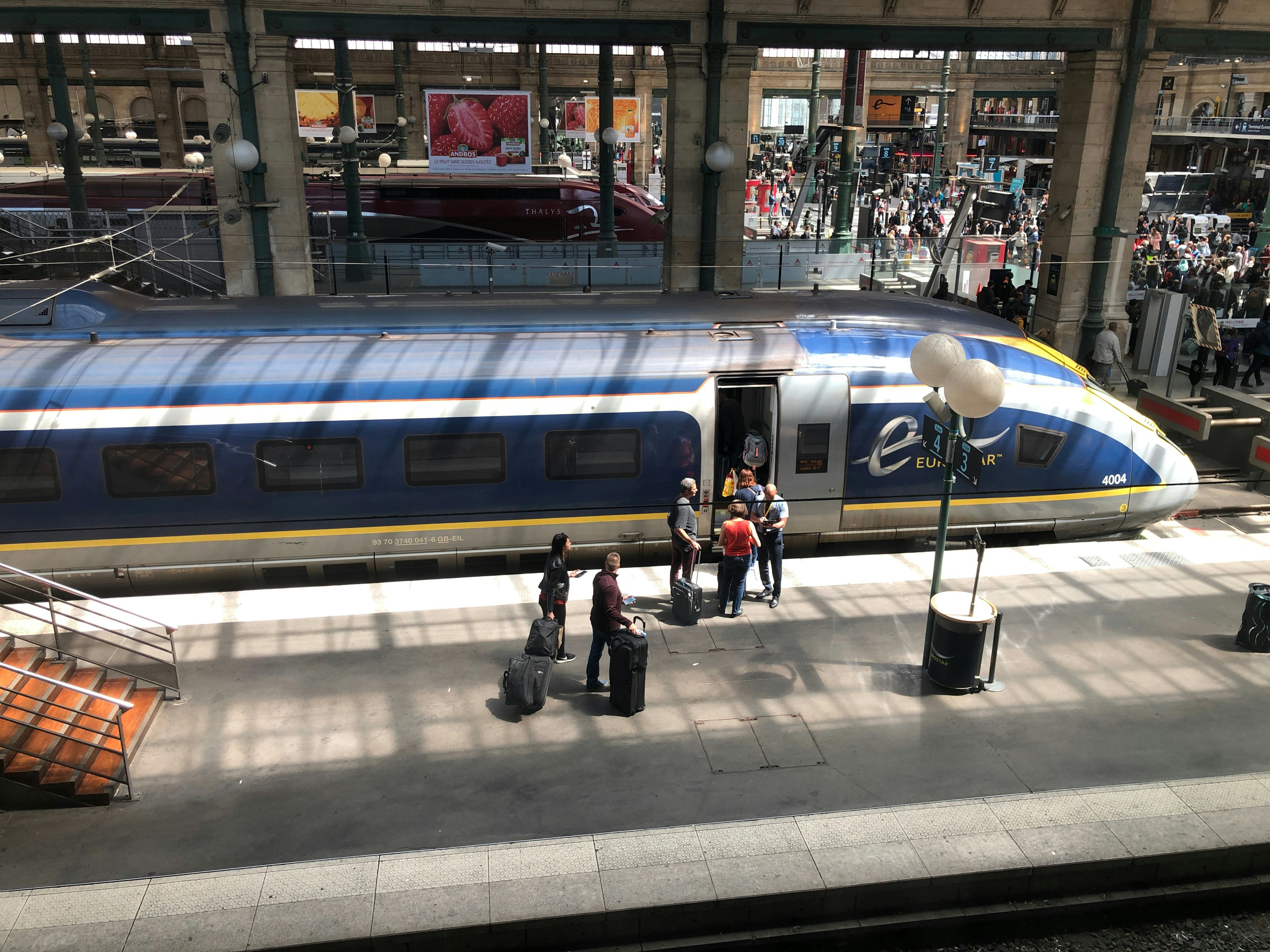 Paris, France: Eurostar train waiting to depart with passengers at Gare du Nord Station in Paris, France for trip through Chunnel (Channel Tunnel) to London, UK.