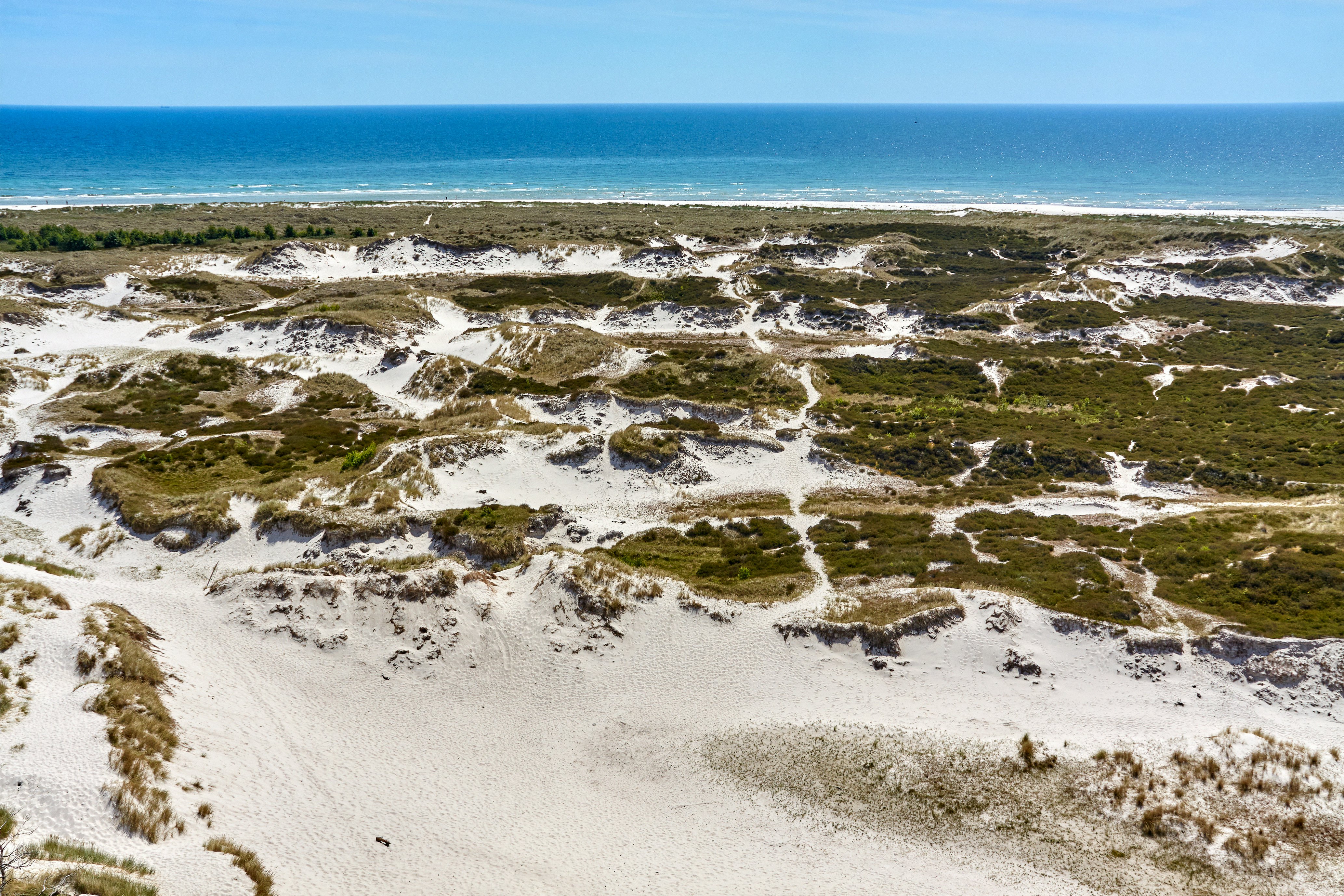 Vast sand dunes topped with grass leading to the blue ocean.