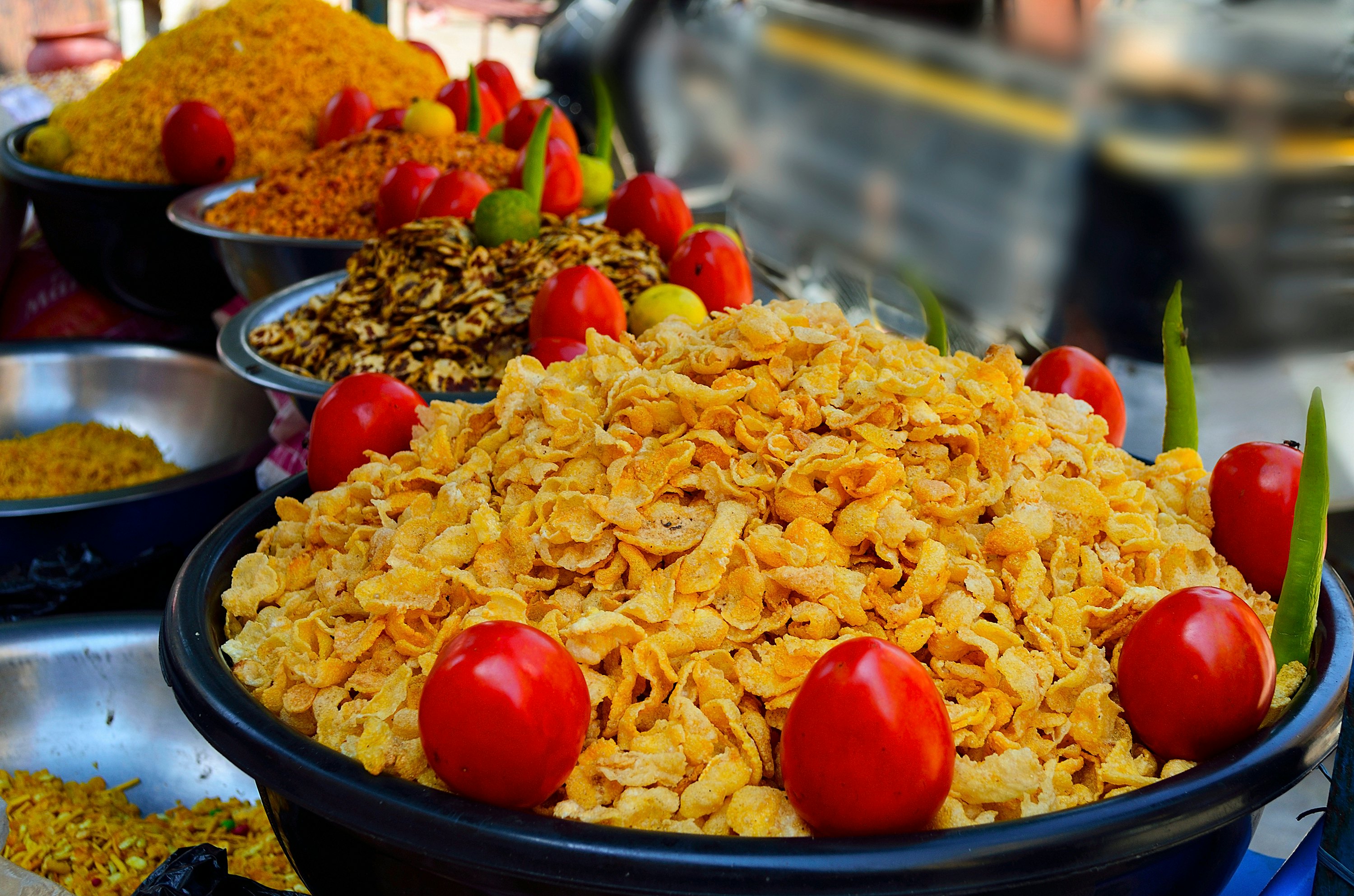 Ingredients for Rajasthani snacks on sale in a street market in Jaisalmer, Rajasthan, India.