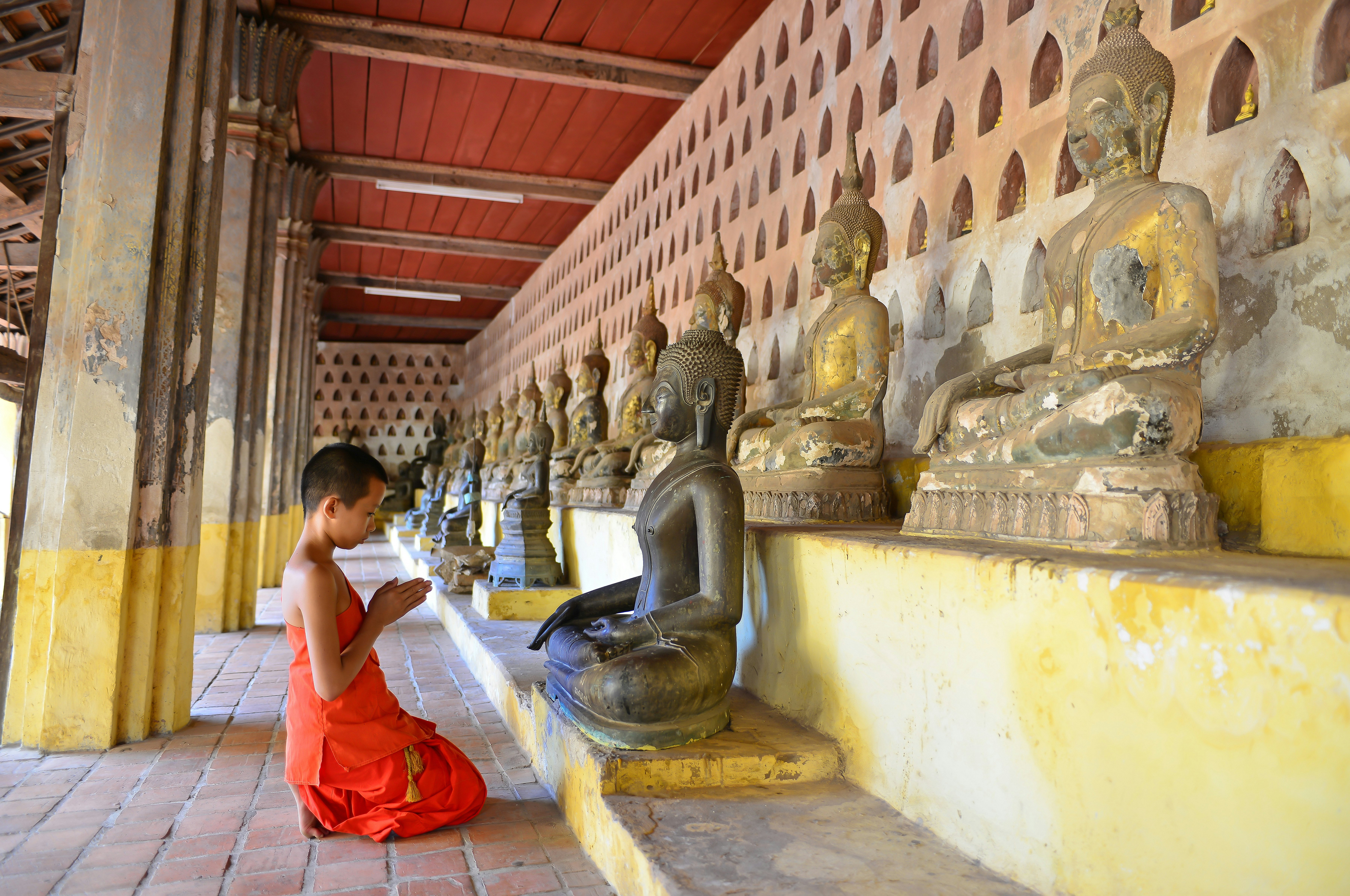 A boy monk in a saffron robe kneels in prayer before a statue of a Buddha, of dozens on display in a temple alcove.