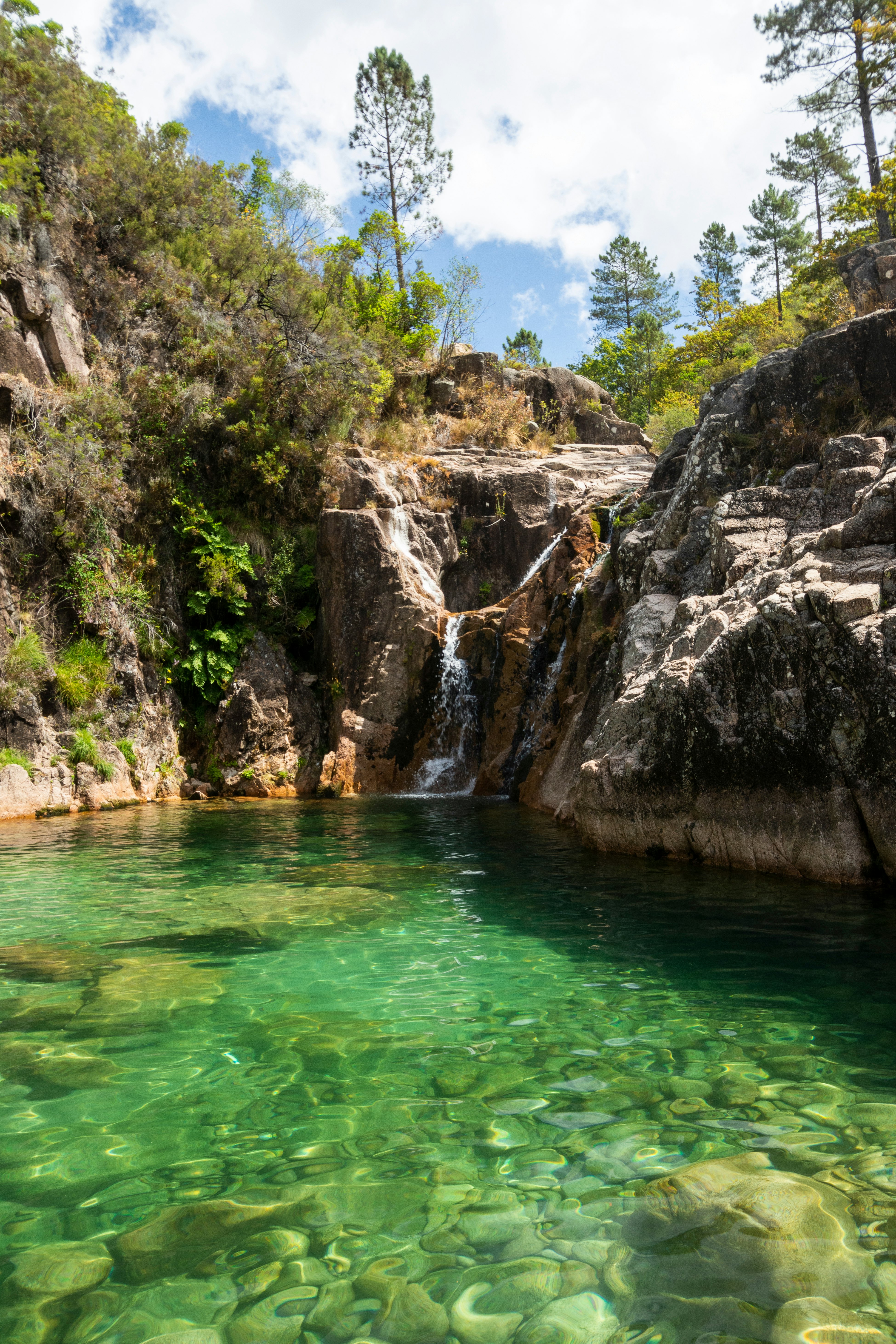 Beautiful view to crystal clear green water pool on river waterfall