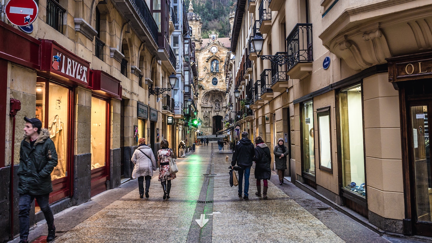 San Sebastian, Spain - January 28, 2019: Street view with facade of St Mary of Chorus Roman Catholic basilica in historic part of San Sebastian city, License Type: media, Download Time: 2024-10-04T14:48:27.000Z, User: comptonsheldon109, Editorial: true, purchase_order: 56530, job: Global Publishing WIP, client: Pocket Bilbao and San Sebastian 5, other: Compton Sheldon