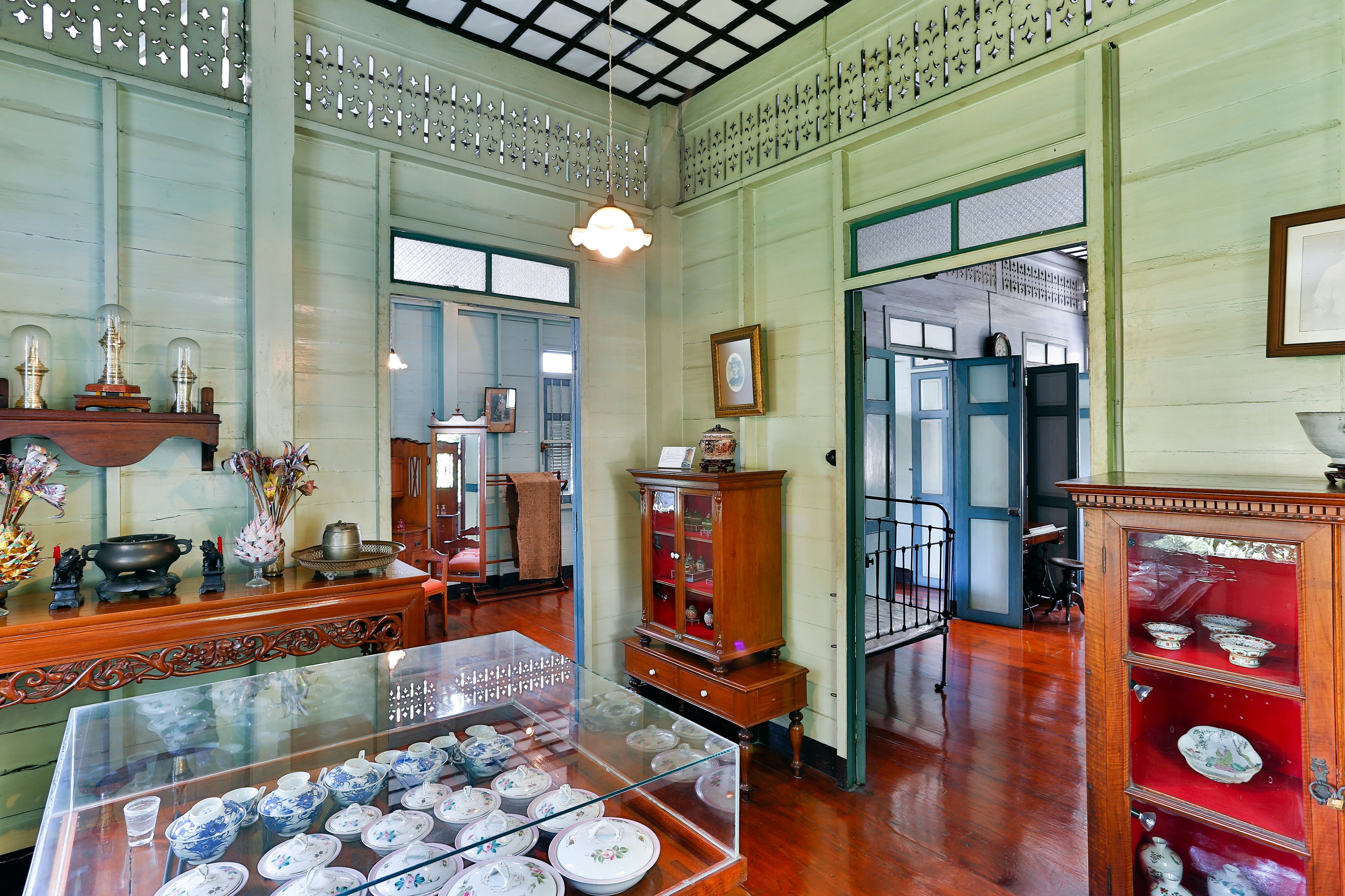 Vintage interiors and household crockery at the Bangkokian Museum in Bangkok, Thailand.