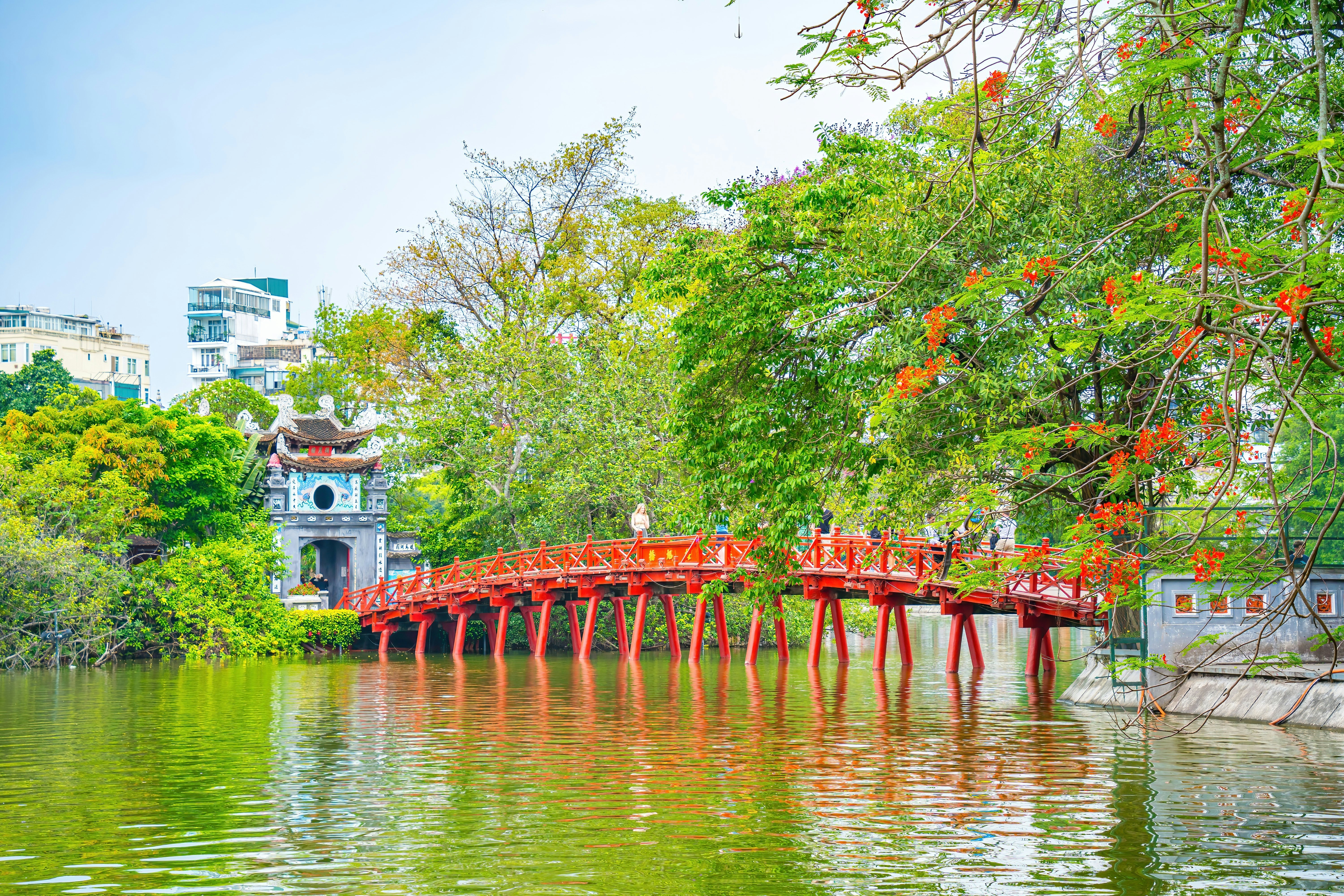 A red bridge spans a lake with bright green trees on its shore
